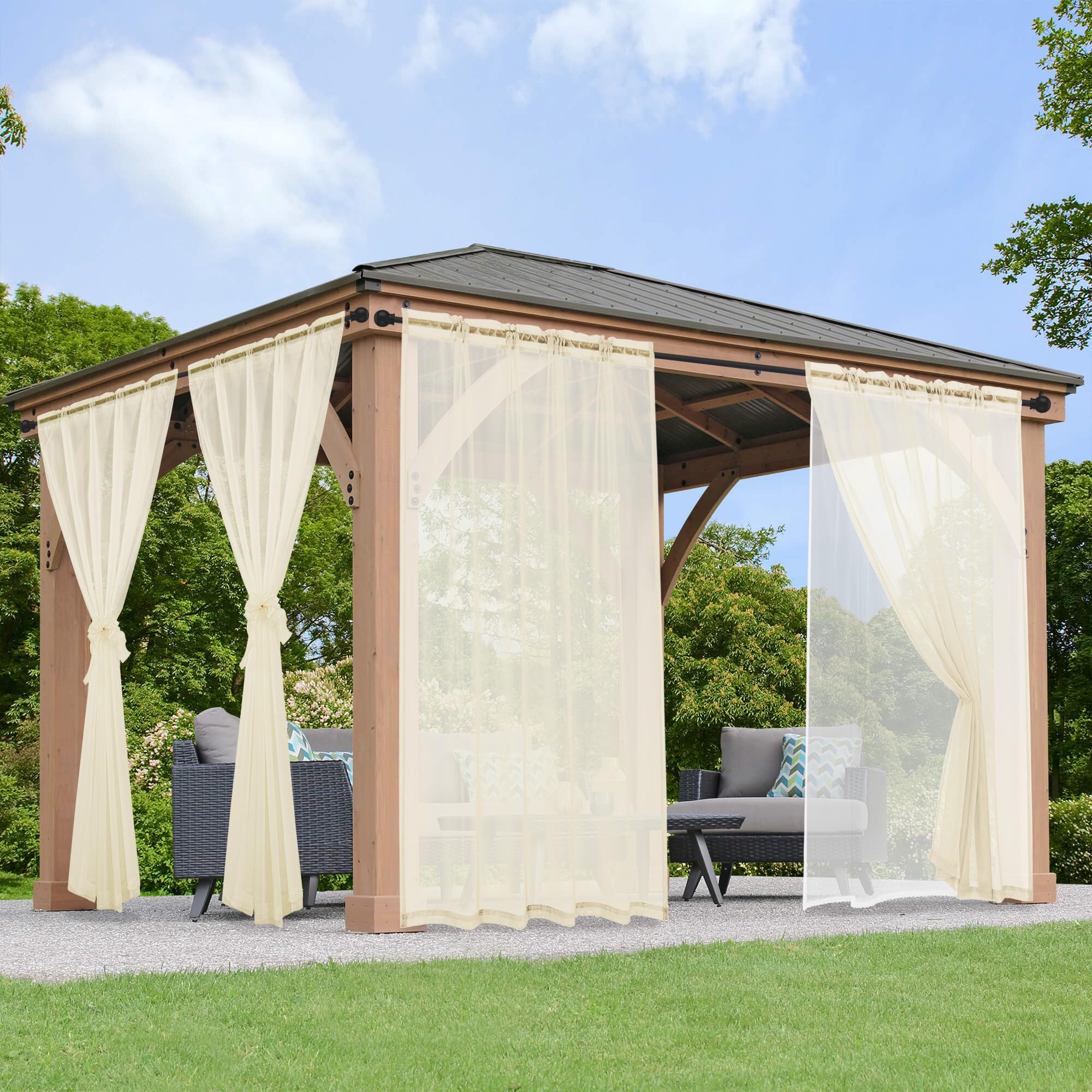 KYMRose Outdoor Sheer Curtains for Patio - 2 Layer Waterproof Voile Sheer and Breathable Mesh Net Privacy Added Light Filtering Curtain for Porch Yard