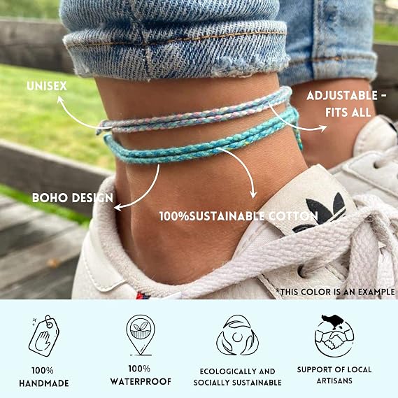 Made by Nami Set of 2 Surfer Anklets for Ladies & Men – Thin Boho Hippie Anklet – Handmade Beach Festival Accessories – 100% Waterproof & Adjustable – 100% Cotton