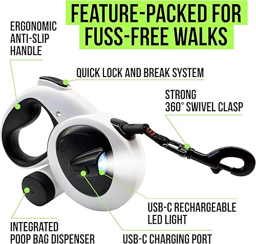 Miniatura 2 de AVANTO - Correa retráctil para perro con linterna, correa de seguridad nocturna LED resistente de 16 pies para perros de hasta 110 libras - 360 sin