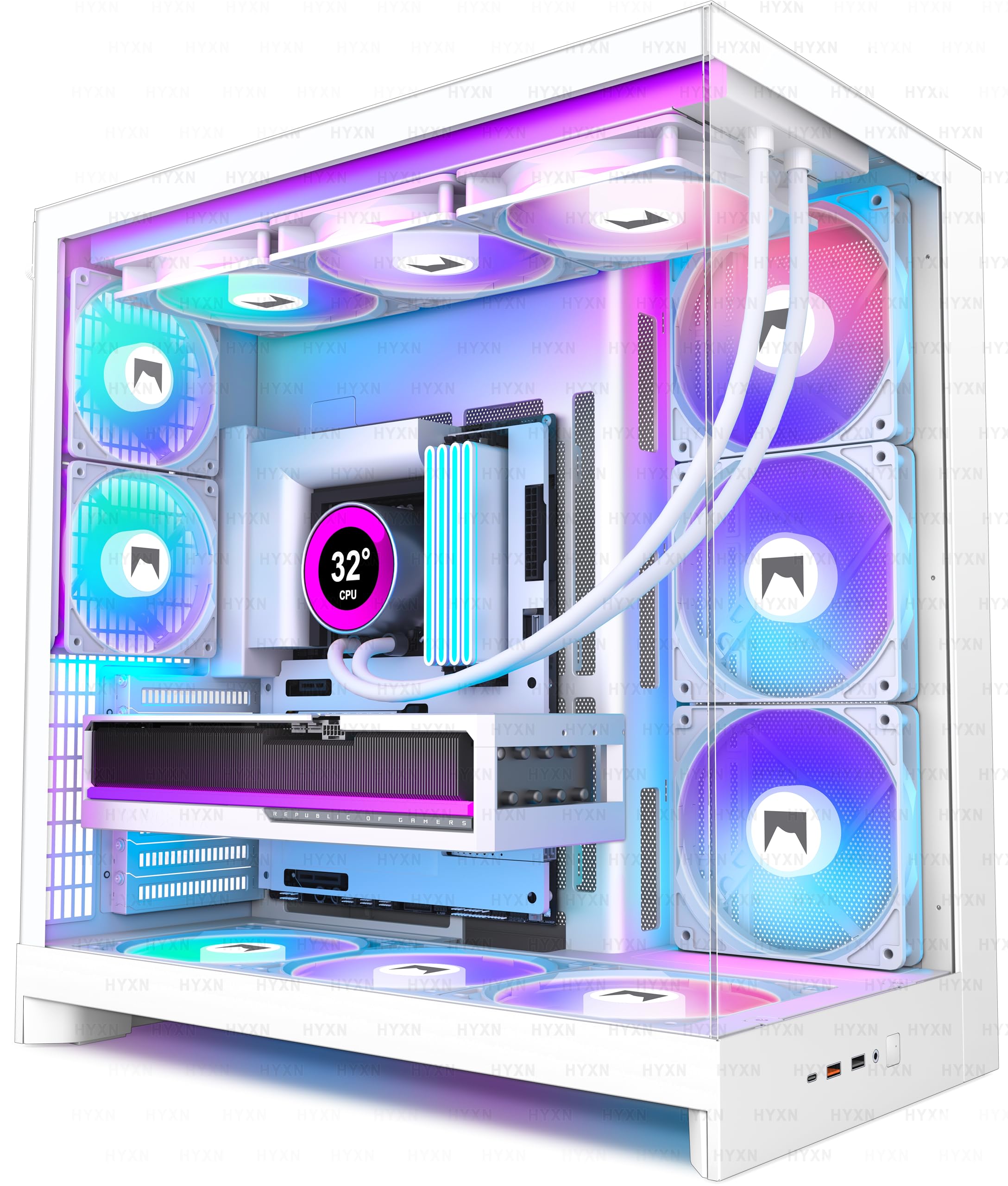 HYXN H2 (2026) HYXN ATX PC case – Pre-Installed 8 PWM ARGB Fans (6X140mm, 2X120mm), Large Dual-Chamber ATX Mid-Tower Airflow Gaming PC Case, 420mm Radiator Support, with Type-C 3.2 (White, H2-ARGB)