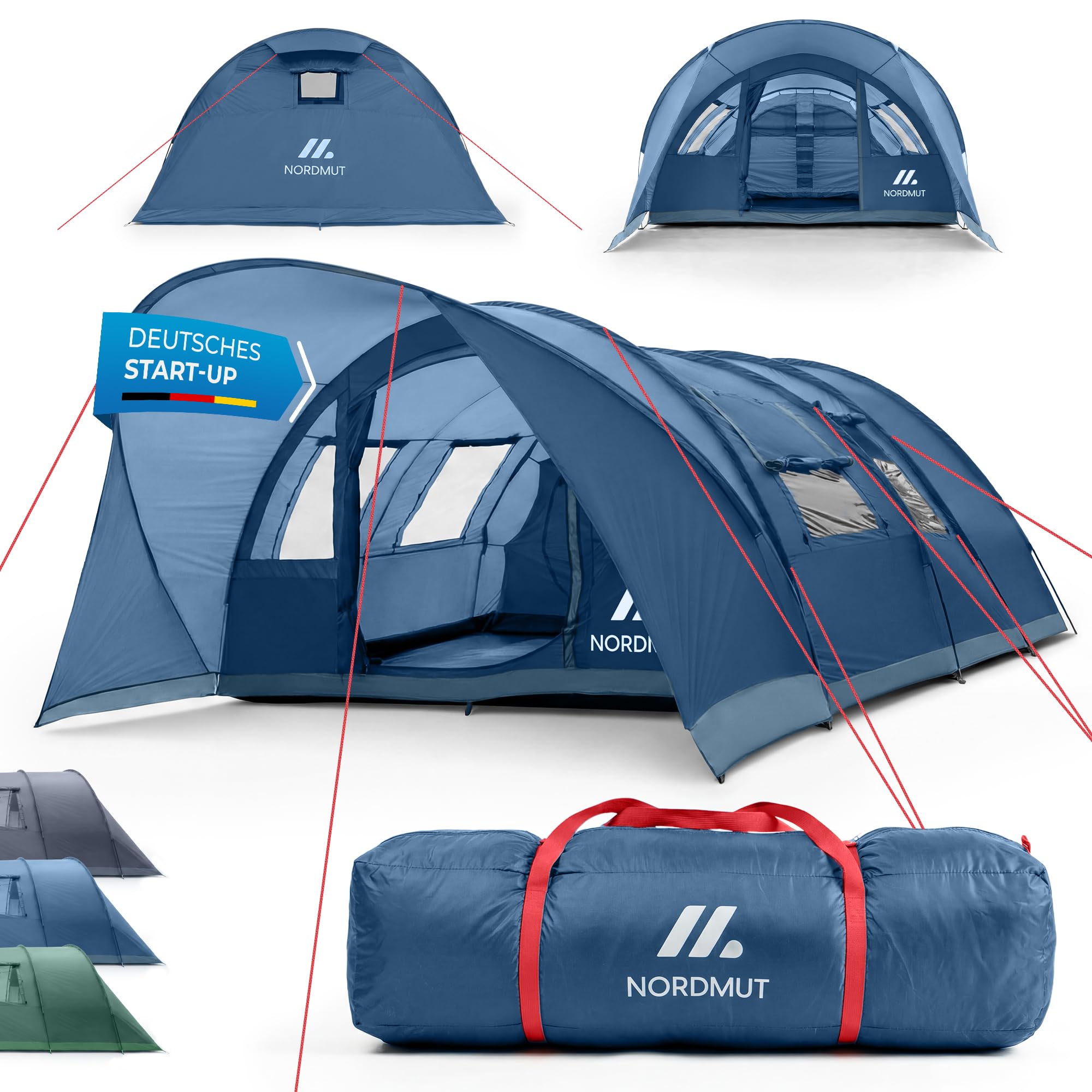 NORDMUT® Tunnelzelt 4 oder 6 Personen windfest inkl. Vordach & Boden – stabiles Familienzelt mit Stehhöhe – Campingzelt wasserdicht mit hervorragender Luftzirkulation