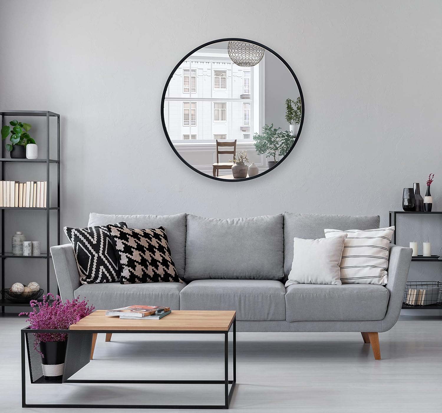 Sheffield Home 30 Inch Round Metal Wall Mirror, Large Bathroom Mirror, Wall Mirror for Living Room Bedroom Entryway Décor, Black