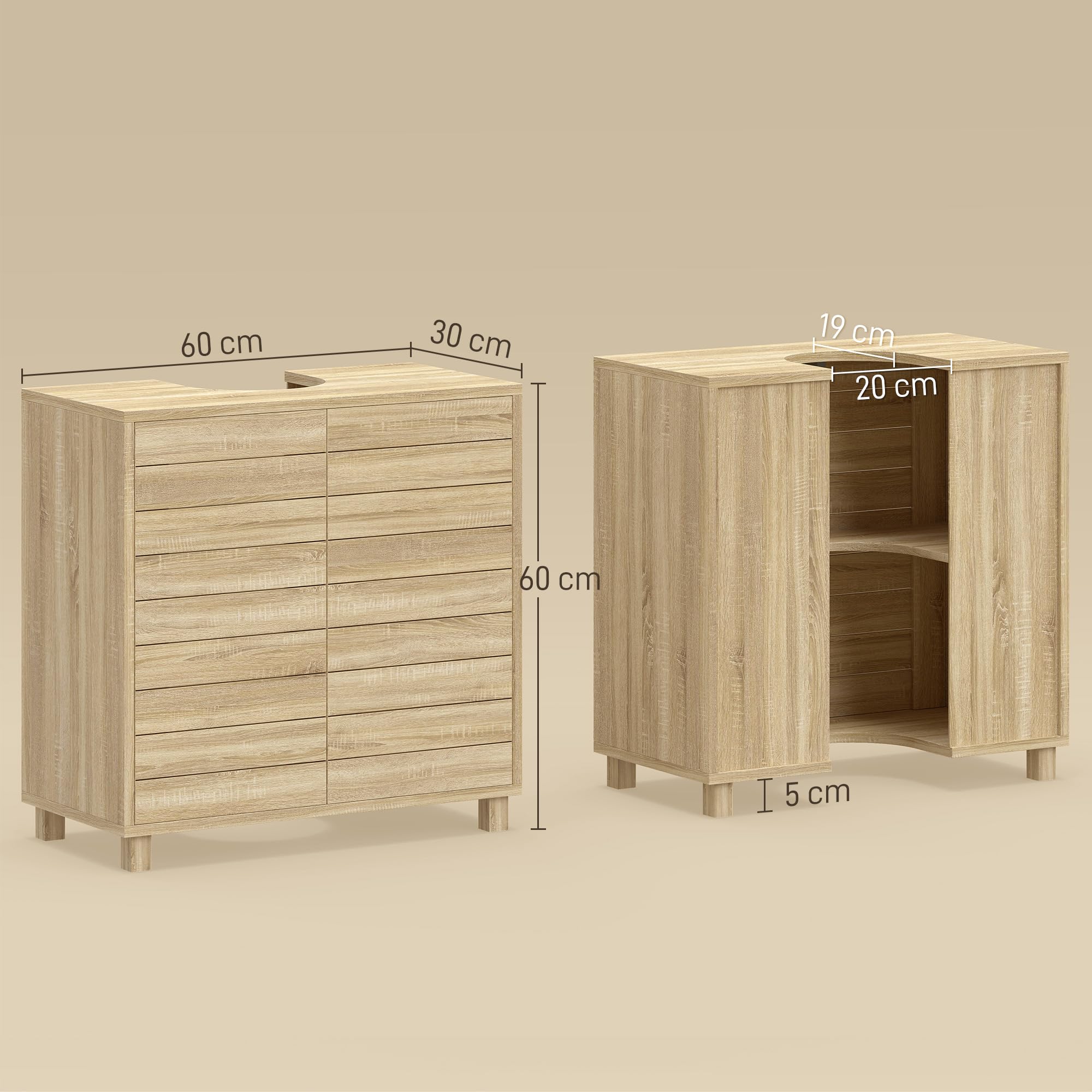 HOMCOM Mueble Bajo Lavabo, Mueble de Baño con Estante Ajustable, Puertas de Listones y Apertura por Presión, para Lavabo con Pedestal o Pared, 60x30x60 cm, Natural