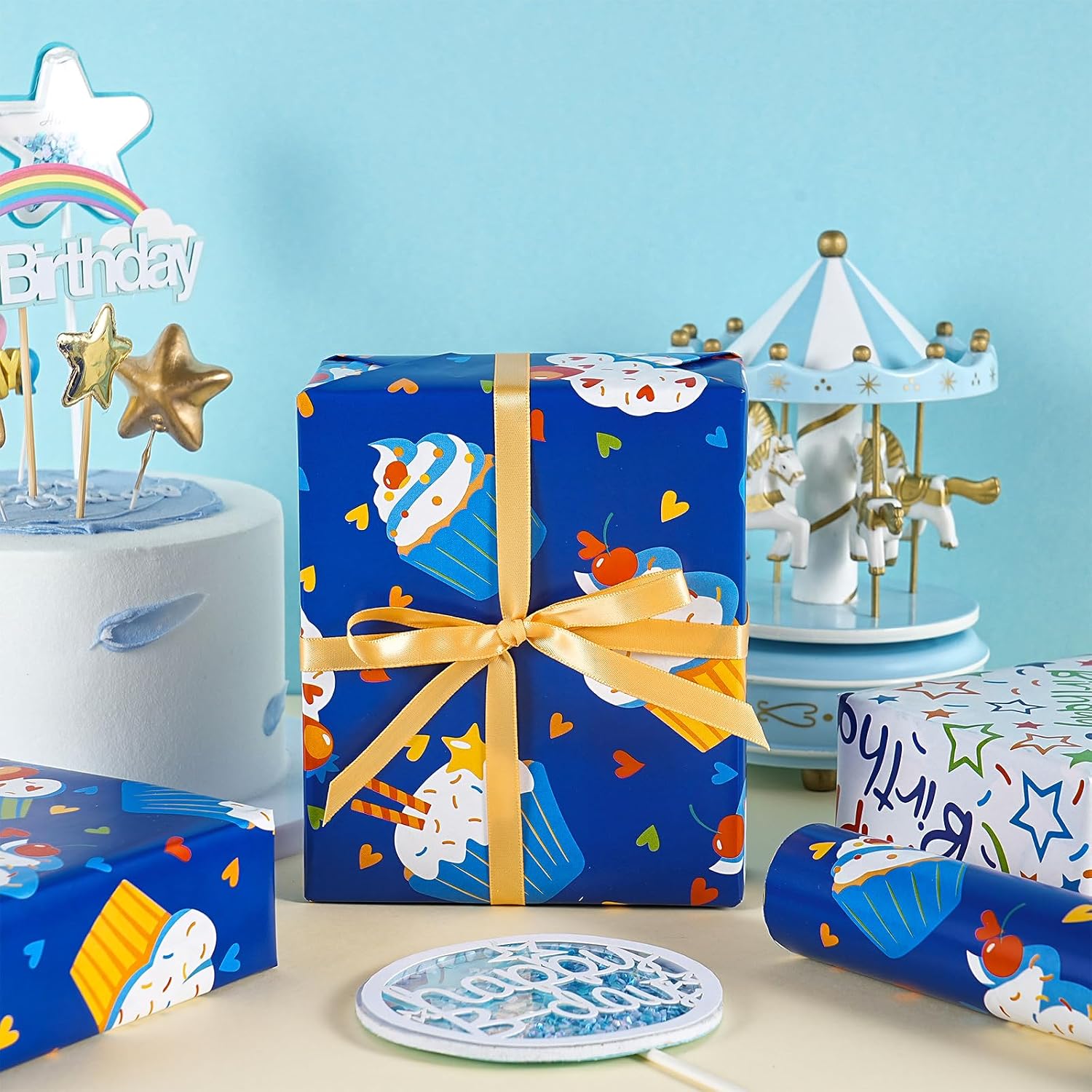 RUSPEPA Reversible Birthday Wrapping Paper Roll, Mini Roll, Blue Cupcake Design and Colorful Happy Text with Stars, Colorful Adorable Gift Wrap for Boys Girls Birthday Party, 17 Inches x 16.4 Feet