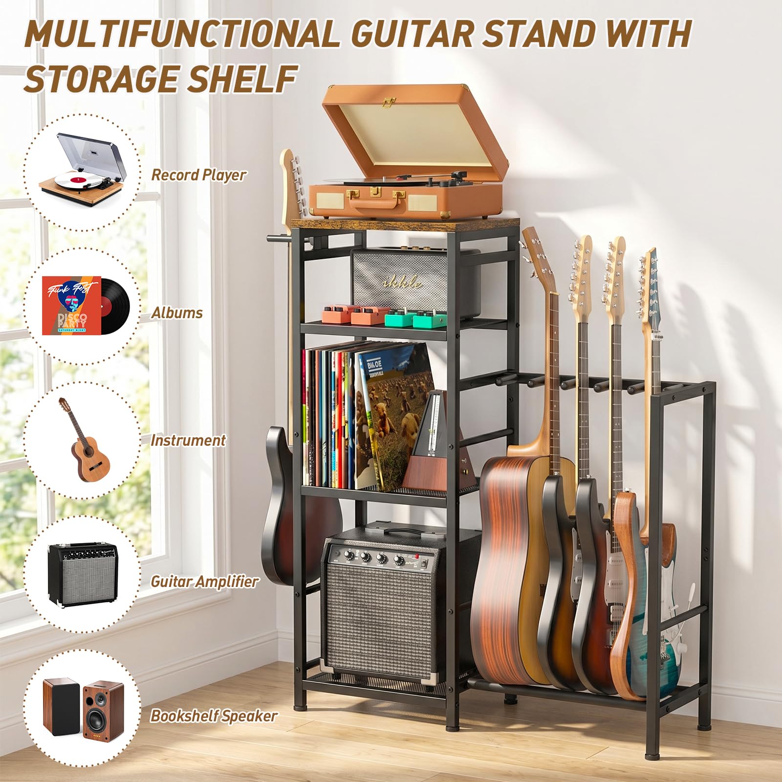 ikkle Soporte para múltiples guitarras con compartimentos de almacenamiento | Soporte de guitarra con soporte para discos, tocadiscos y amplificador, almacenamiento de guitarra para estudio en casa