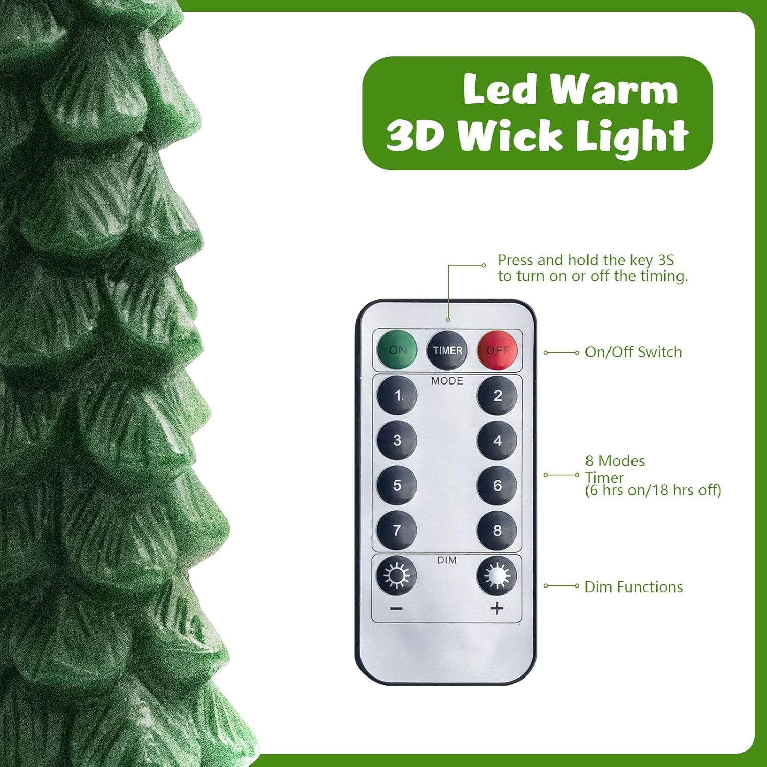 3PCS Christmas Tree Candles, 9.7 Inch Flameless Taper Candles with Remote and Timer, LED Battery Operated Taper Candlesticks with 3D Flickering for Christmas Home Decoration.