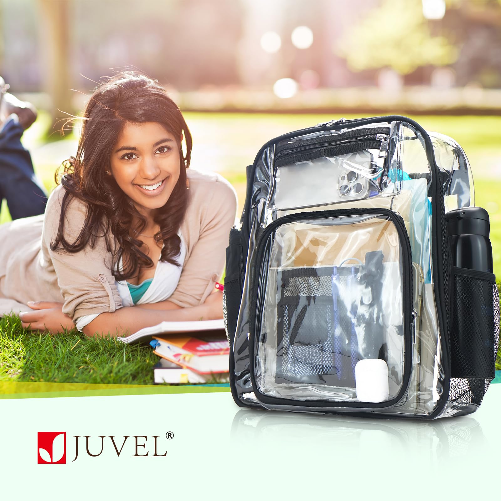 JUVEL Zaino completamente trasparente - Zaino in PVC trasparente di alta qualità, design trasparente, impermeabile e durevole, adatto per il viaggio quotidiano al lavoro e alla scuola