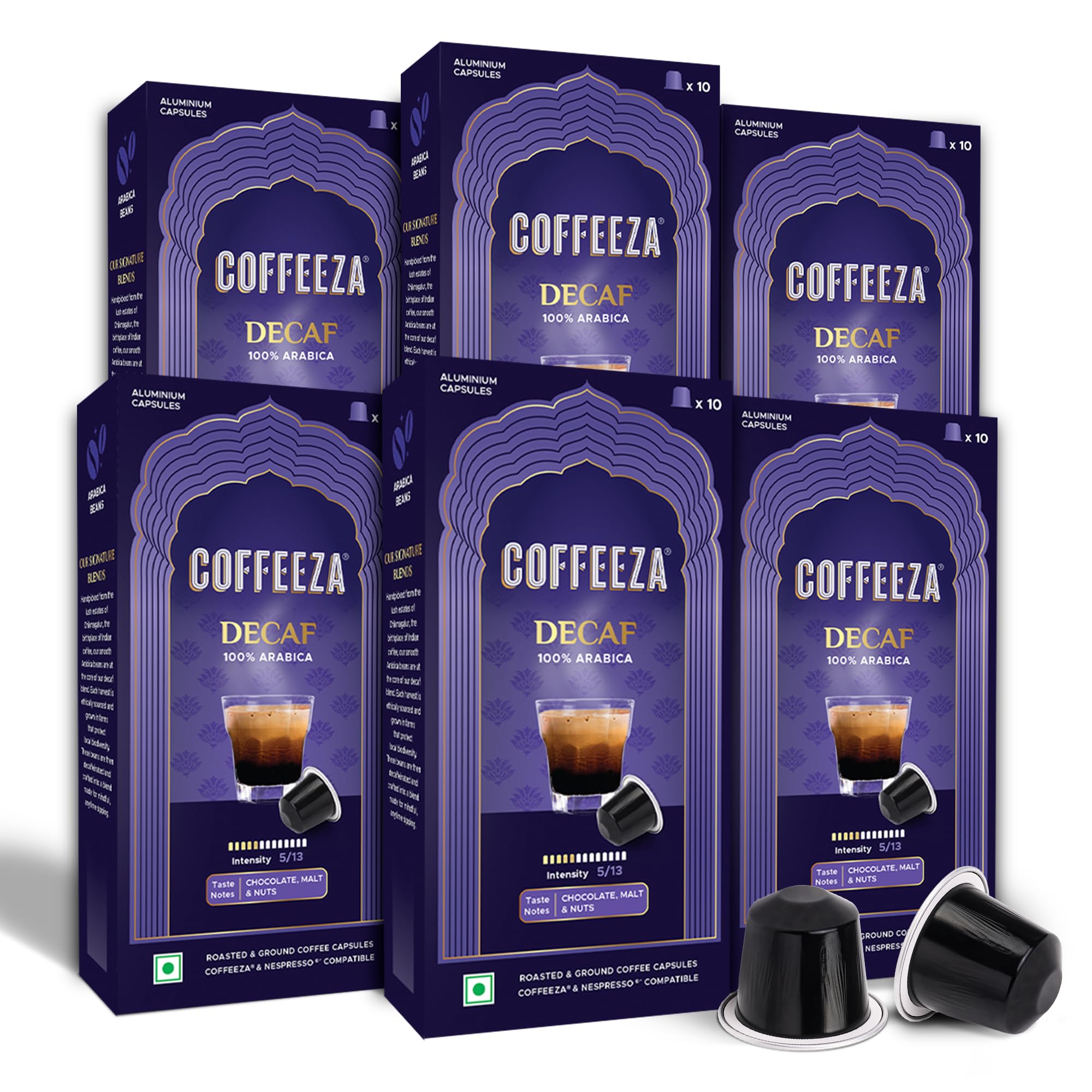 Coffeeza Decaf Coffee Capsules | 100% Arabica Coffee | Intensity - 5 | Box of 6 (60 Capsules)