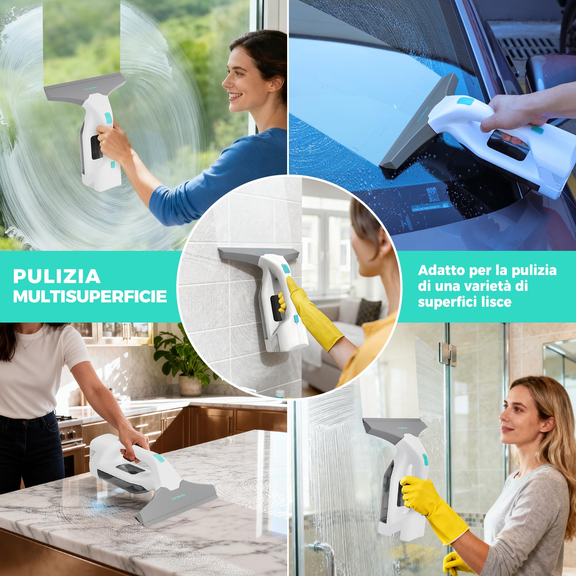 HAUSHOF Lavavetri Elettrico Senza Fili, 30 Minuti di Autonomia, 280 mm Larghezza di Pulizia, Beccuccio Regolabile, Panno in Microfibra, Ricarica USB-C, Aspiragocce per Vetri, Piastrelle e Specchi