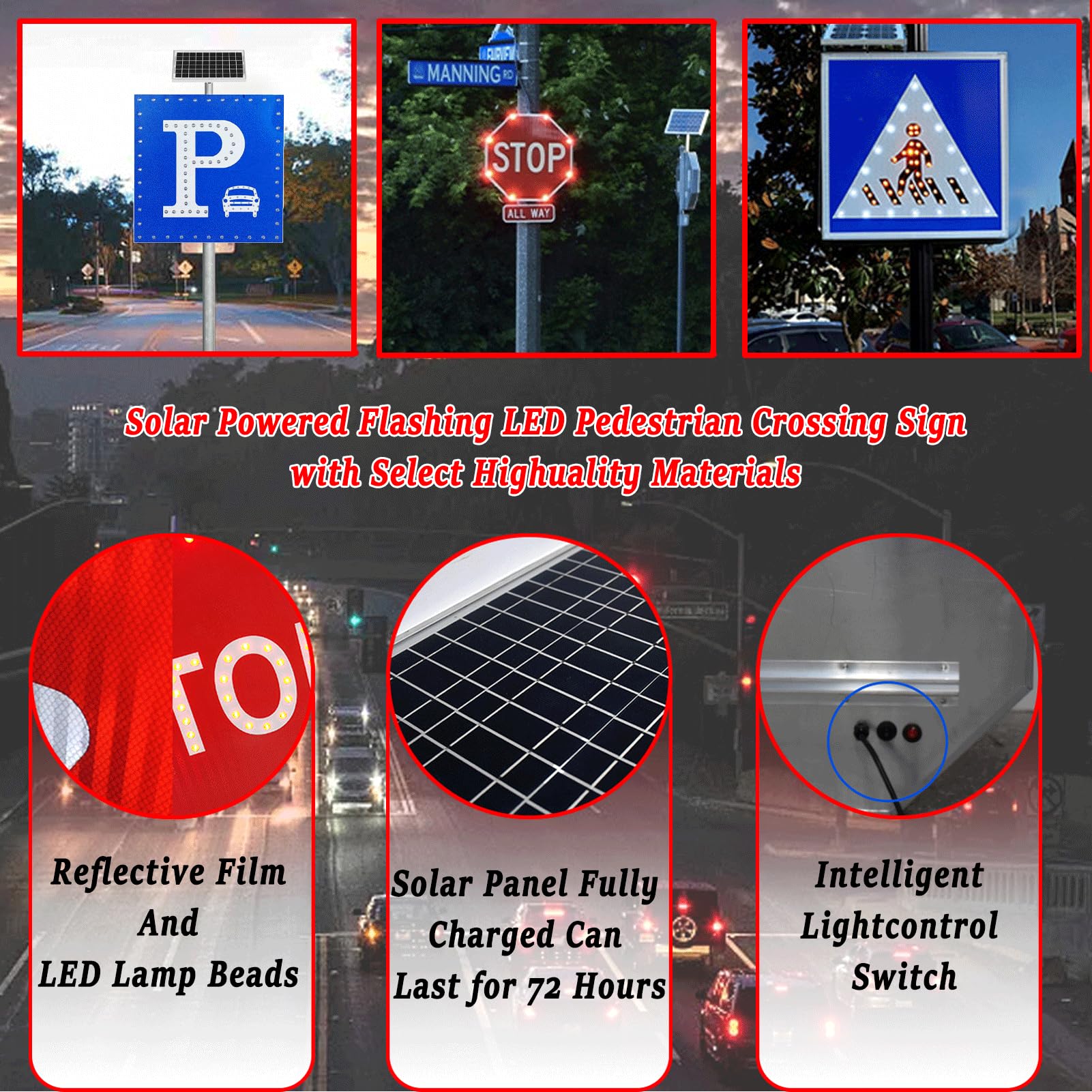 Solar señal de Advertencia de tráfico Vial Intermitente de Aluminio con led para Entrada de vehículos, Calle residencial, Uso Exterior, Resistente a la Intemperie
