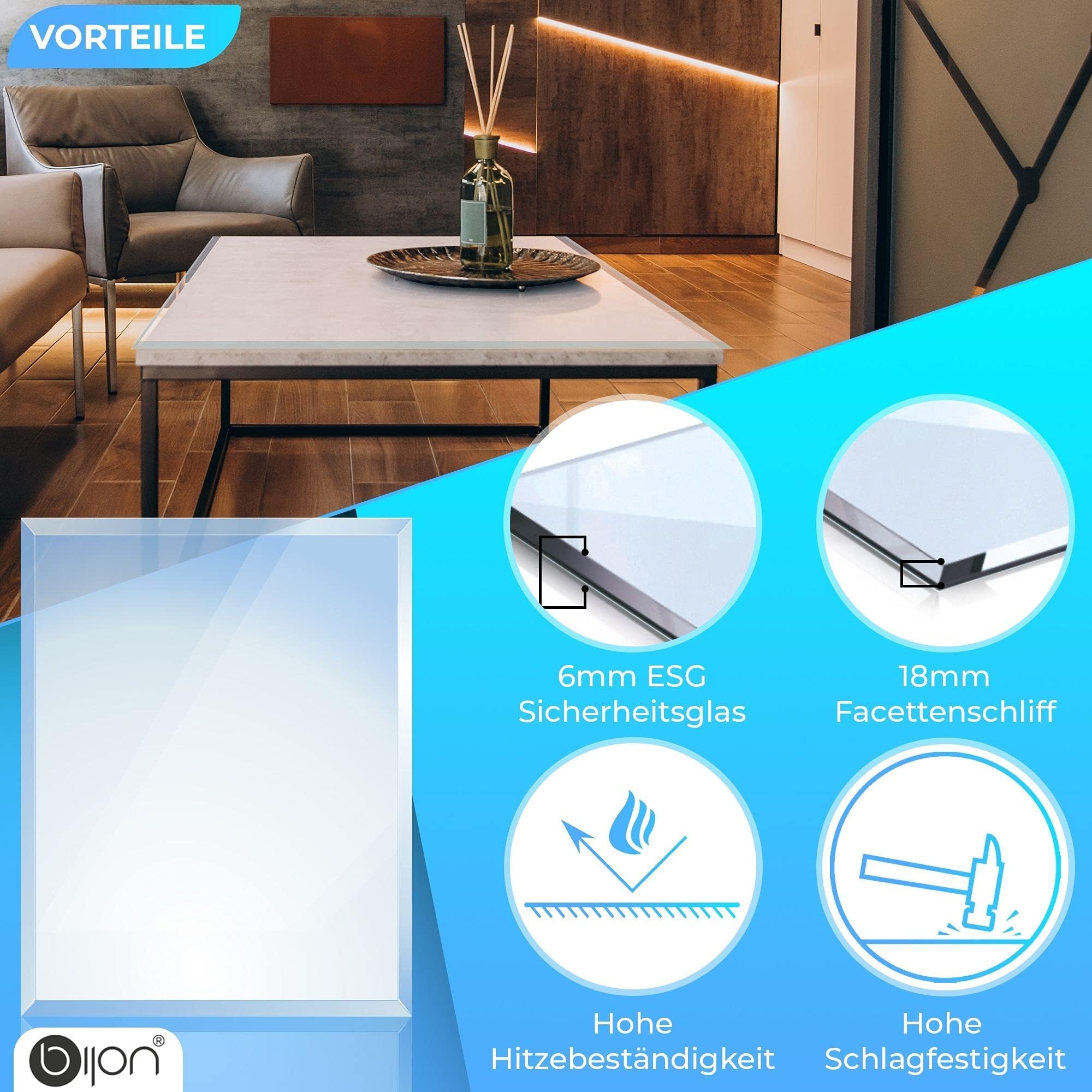 bijon Glasplatte Tisch ESG Sicherheitsglas Rechteck - Für Esstisch, Couchtisch, Gartentisch, Schreibtisch, Bodenplatte, Funkenschutz, Kaminschutz - Glasplatte 50x90 cm oder 90x50cm