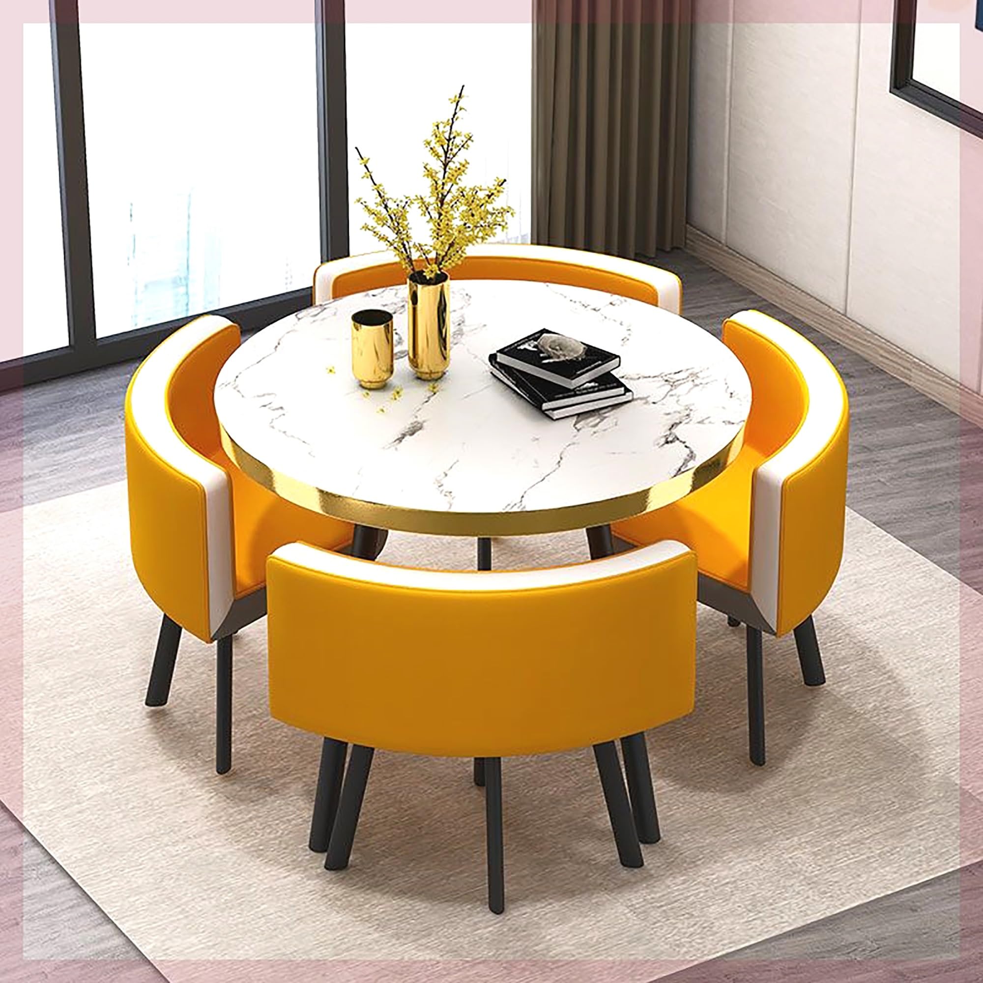 Set composto da tavolo e sedie per conferenze in ufficio, tavolino rotondo per reception, negoziazioni e sale riunioni, 1 tavolo con 4 sedie imbottite in PU.