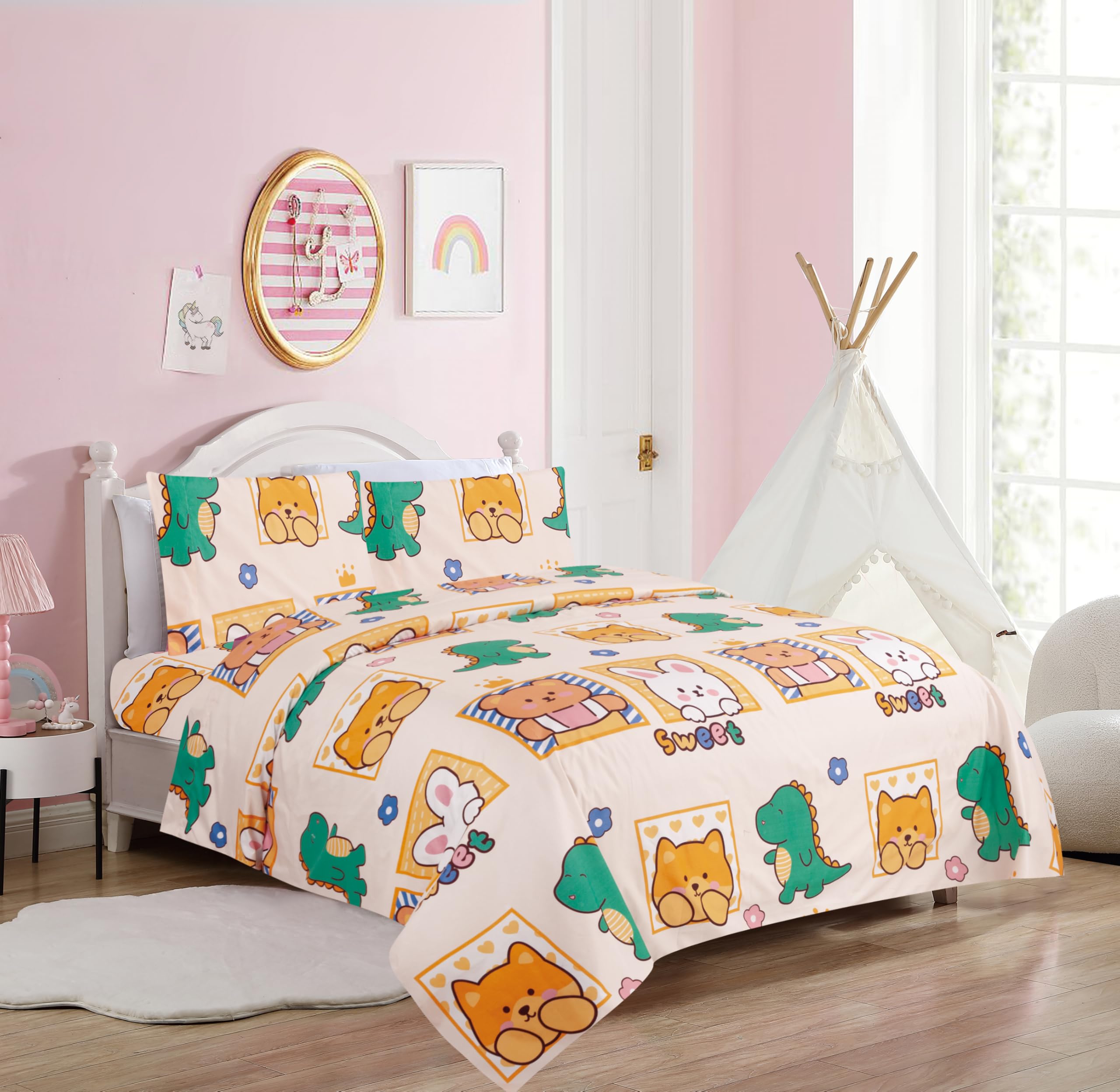 Comfy Deal Hight Thread Count Super Soft Microfiber Kid Breathable Bed Sheet Set with PIllowcase, Flat and Fitted sheet (Full, Dinosaurs, Rabbit & Teddy Bear)