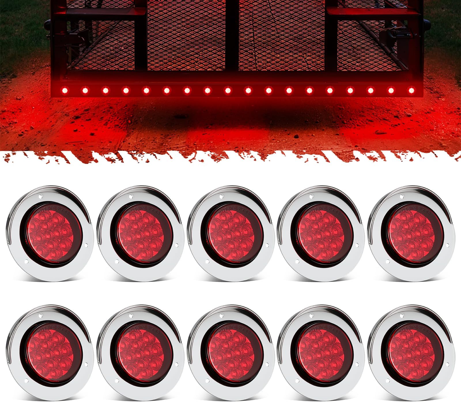 Partsam 10Pcs 2.5 inch Red 13LED Strobe Marker Lights, Round Clearance Light with Polished Chrome-plated Plastic Bezel for Trailer Truck RV