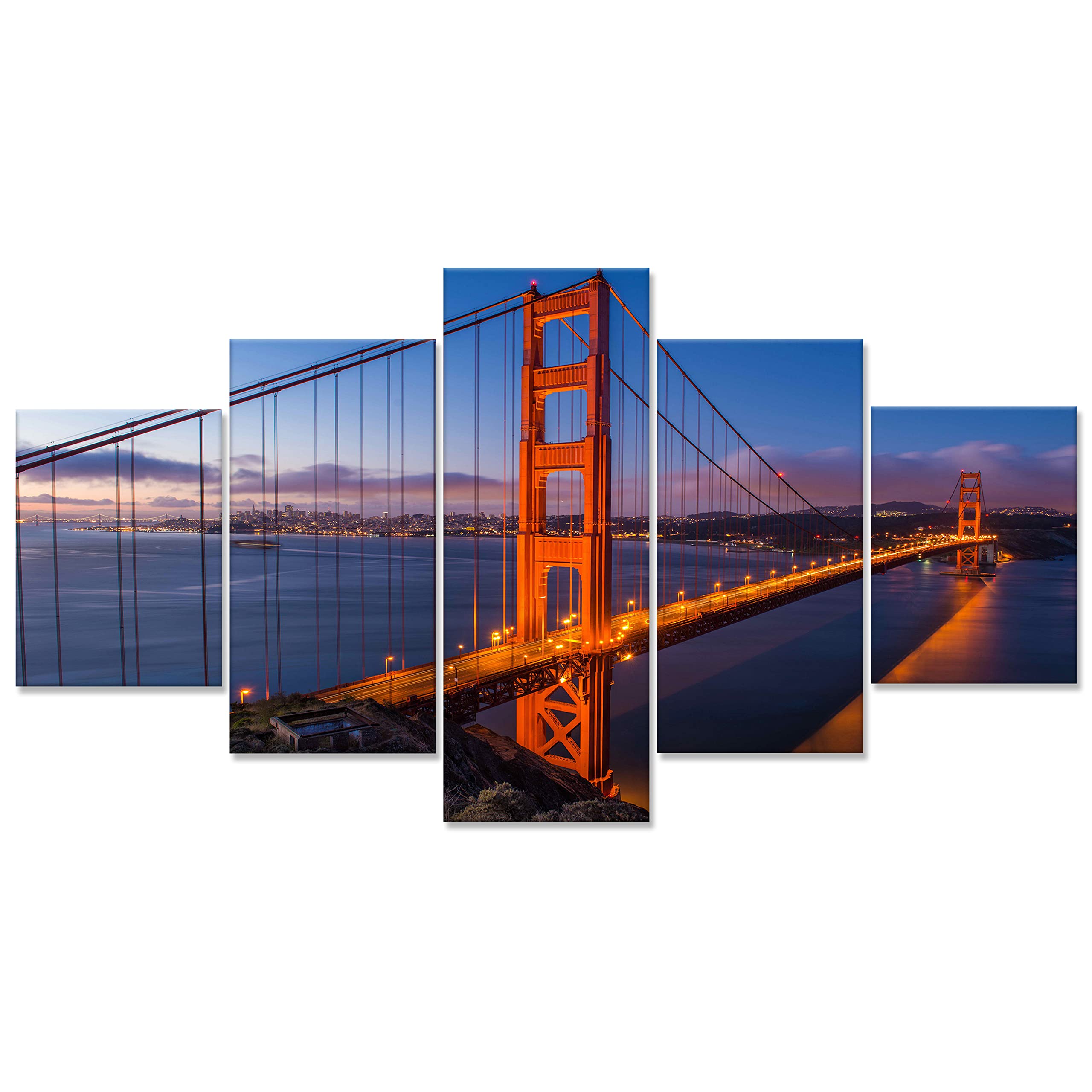 Clonkfvn 5 Piece Golden Gate Bridge Canvas Print Wall Art San Francisco Nature Cityscape Picture for Living Room Bedroom Home Office Wall Decor Framed Ready to Hang
