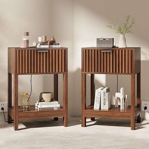 Night Stand Set 2, Fluted Nightstand with Charging Station, Wood