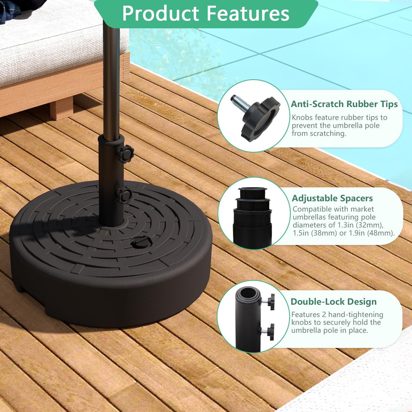 Helios&Hestia 60 lb Heavy Duty Round Plastic Water and Sand Fillable Umbrella Base Stand Weight for Outdoor Patio Market Table Umbrella, Black
