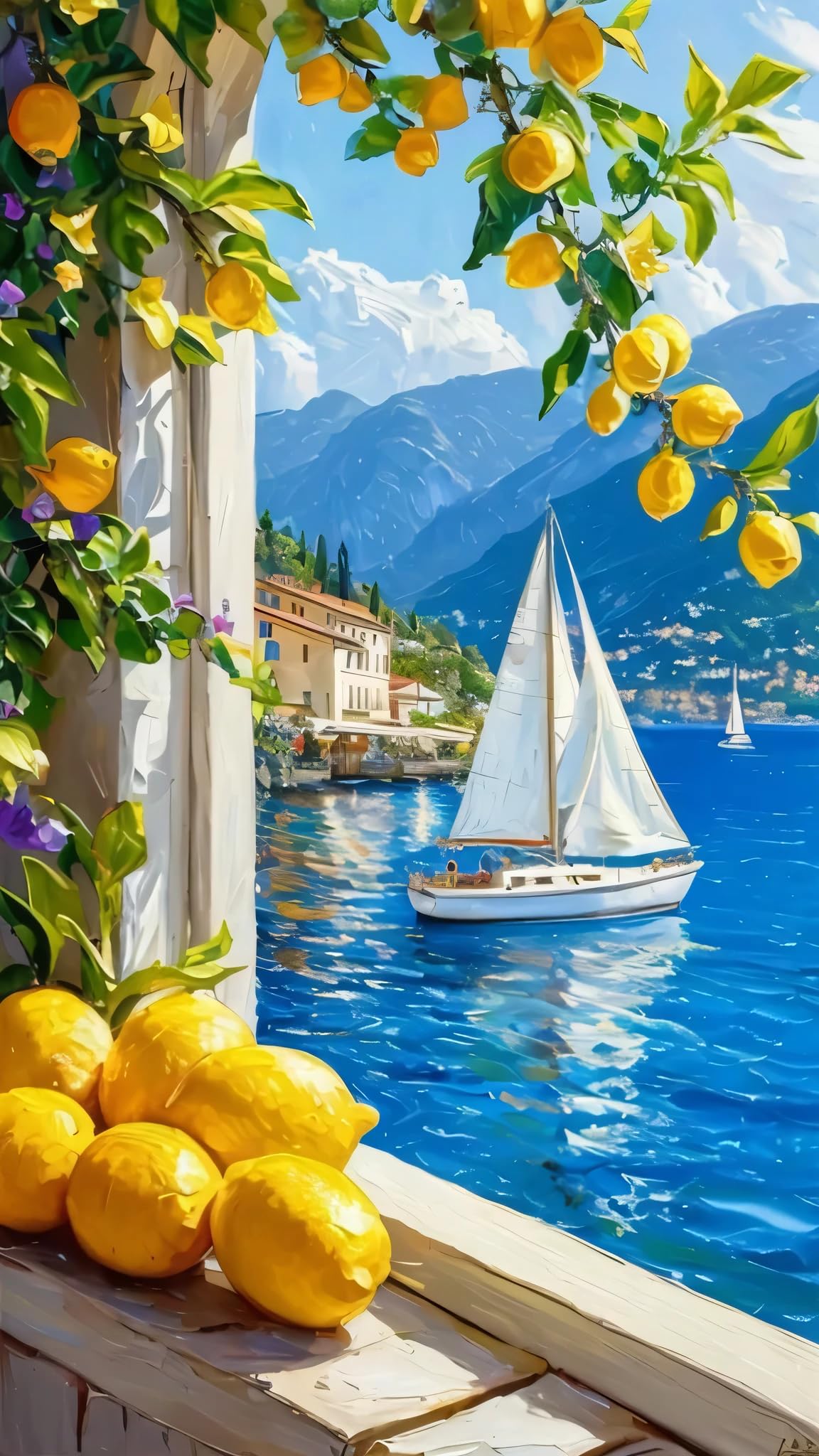ARTGOTO Paint by Numbers for Adults, Lemon Lake View Sailboat DIY Acrylic Painting Kit, Large 15.7x27.5inch/40x70cm Canvas, Mediterranean Coastal Window Wall Decor, No Frame