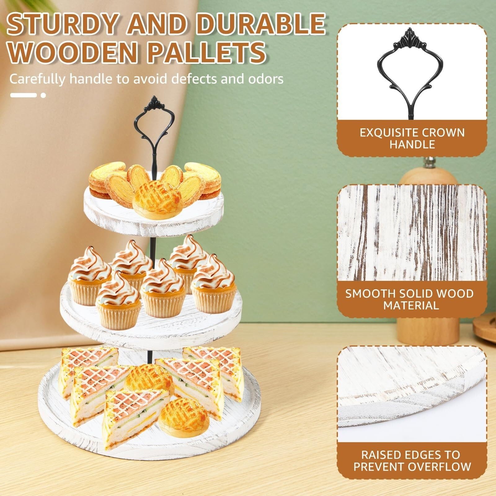 Présentoir à Desserts Présentoir À Gâteaux À 3 Niveaux en Bois, Rond, for Cupcakes Et Fruits Fêtes et Pâtisseries(White)