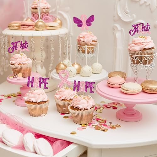 Miniatura 6 de Gyufise 24 piezas de adornos para cupcakes con purpurina para concientización sobre el cáncer de mama, mariposa, lucha, esperanza, beliveve, cinta