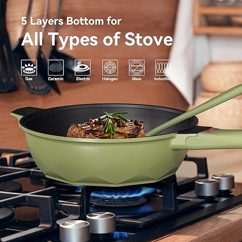 Miniatura 9 de TIBORANG Sartén antiadherente 8 en 1 multiusos de 11 pulgadas, 5 cuartos de galón, con tapa de vidrio, rejilla al vapor, sin PFOA, apta para