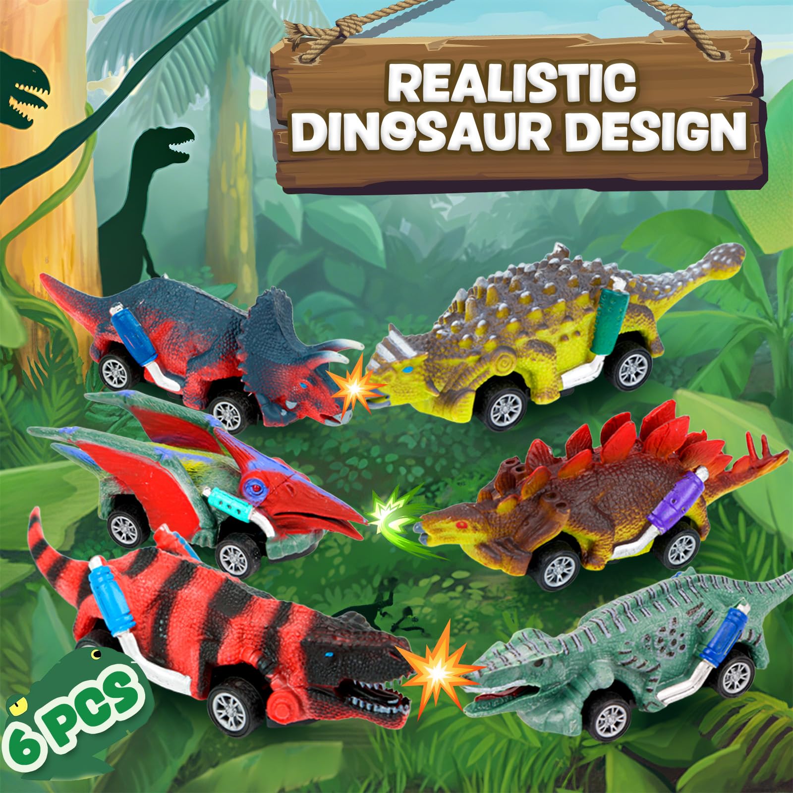 Dinosaur Pull Back Cars - 6 Pack for Toddlers -6 Dinosaur Pull Back Cars - 6 Pack for Toddlers -6