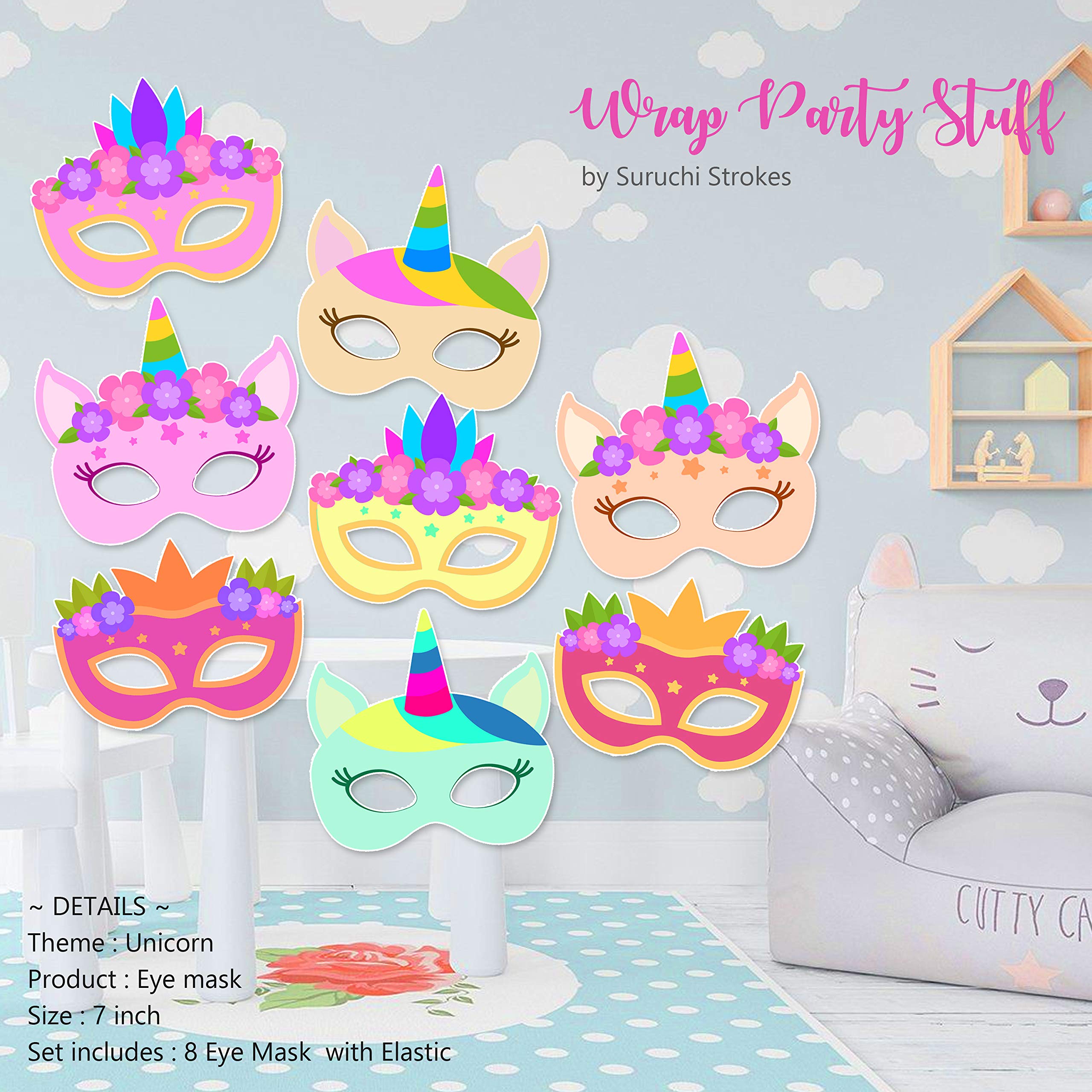 Suruchi Strokes Unicorn Theme birthday Party Decoration | Banner | Hangings | Frill | Poster | Cake Topper | Gifts Tags | Combo | Eye Mask | Props (Eye Mask)
