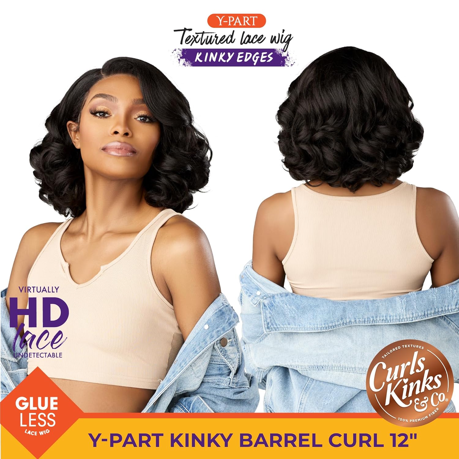 Sensationnel Curls Kinksandco Kinkyedges Wig - Kinky Barrel Curl 12 Inch Y Part Lace Natural Kinkytexture Edged Hairline for Natural 3C to 4C Hair Textures (1B OFFBLACK)