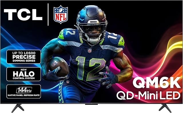 TCL 98-Inch QM6K Series QLED 4K Smart QD-Mini LED TV avec Google TV (2025 Modèle) Nouveau système de contrôle Halo, LD500 Dimming précis Series, Contraste élevé HVA Groupe, 144Hz Taux de rafraîchissement des panneaux autochtones