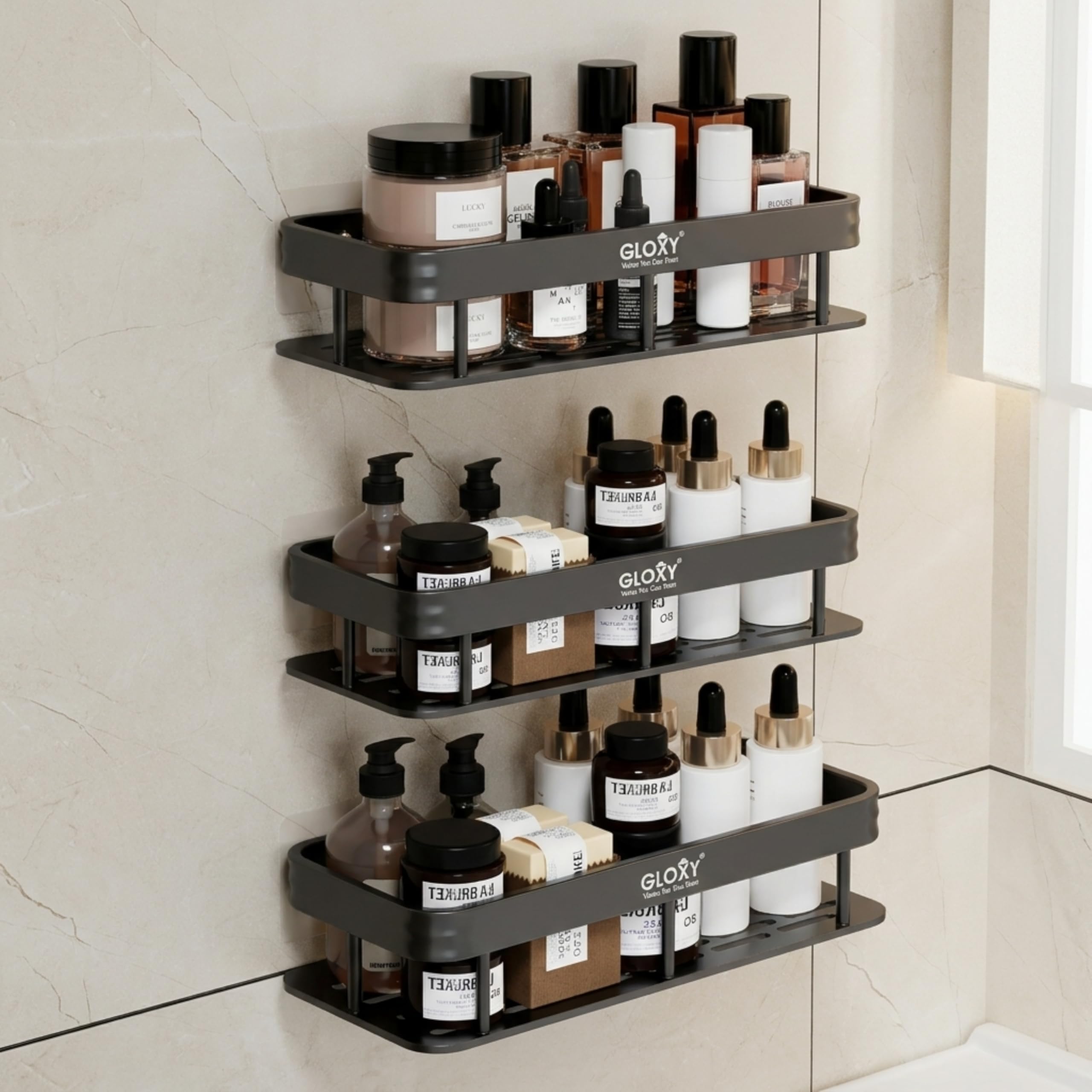GLOXY Self Adhesive Bathroom Shelf for Wall Shelf Organizer - Wall Mounted Bathroom Shelves Rack Holder Stand for Bathroom Accessories Organiser Without Drill (Pack of 3)-image-38