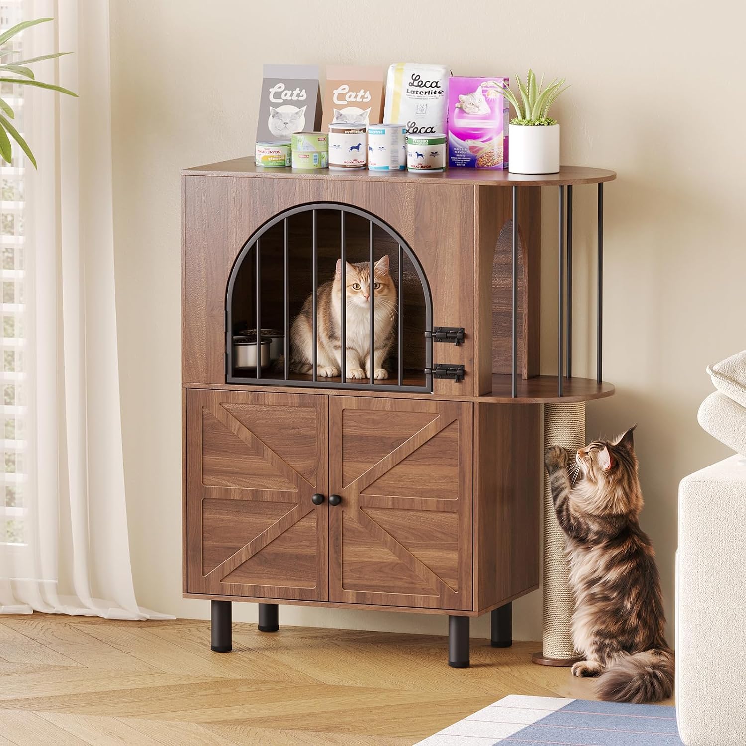 Dog Proof Cat Feeding Station with Scratching Post,Elevated Bowls (Walnut)