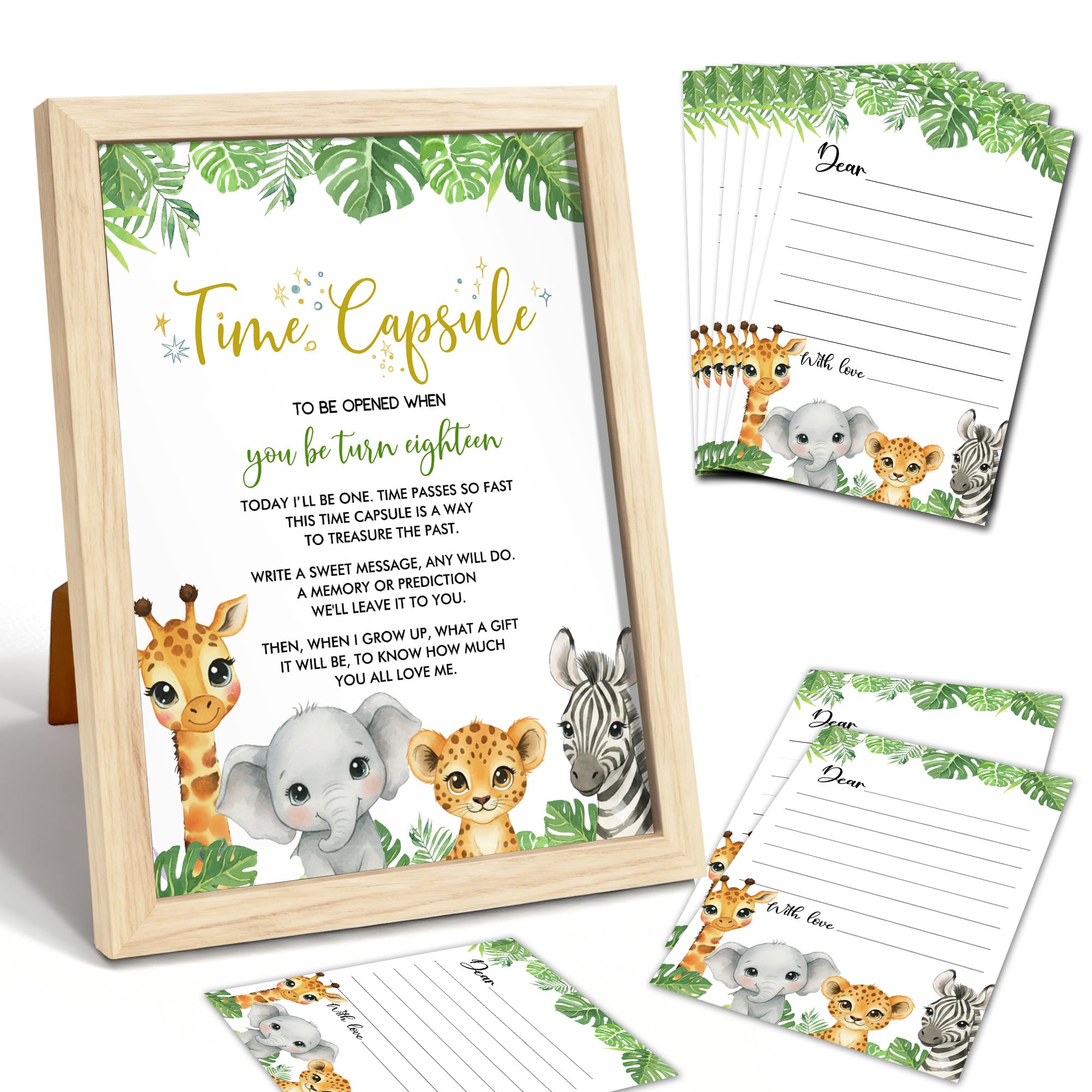 Wild Animals Time Capsule Contains 25 Wild Animals Cards and One Framed Time Capsule Standee, Baby First Birthday Party Events and Commemorative Messages-02