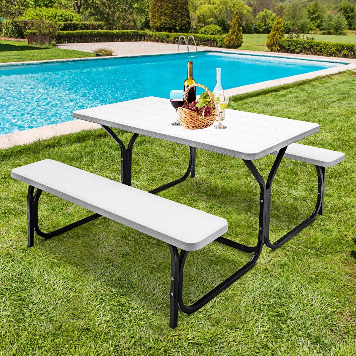 ORALNER Picnic Table, Resin Dining Table & 2 Benches Set, Weather Resistant Wood Grain Plastic Tabletop & Steel Frame, Picnic Tables for Outdoors, Porch Yard Patio Lawn Party Camping (White)