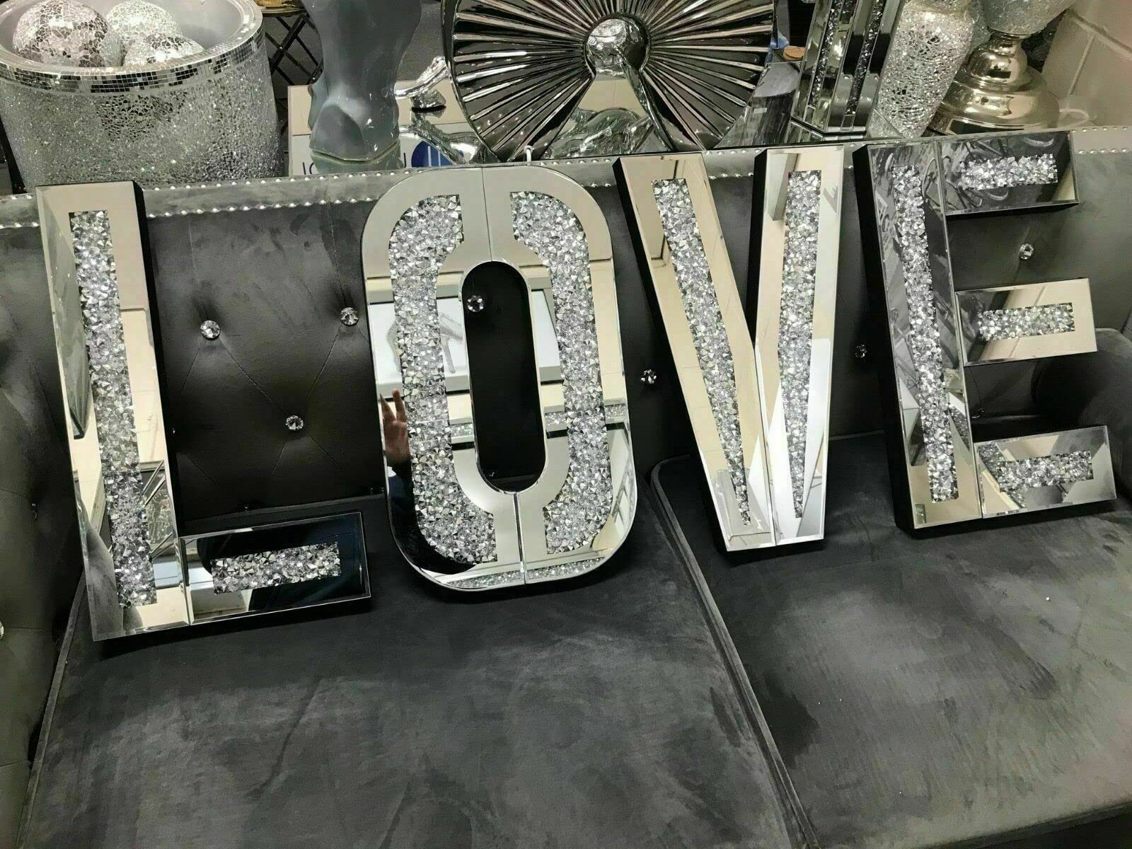 Crystal Crown Pink,Silver Crystal Crown® Crushed Diamond Large Silver Love Letters, Sign Silver Crushed Crystal Diamond Mirror Wall Art (Love) Hung Size35cmx25cm