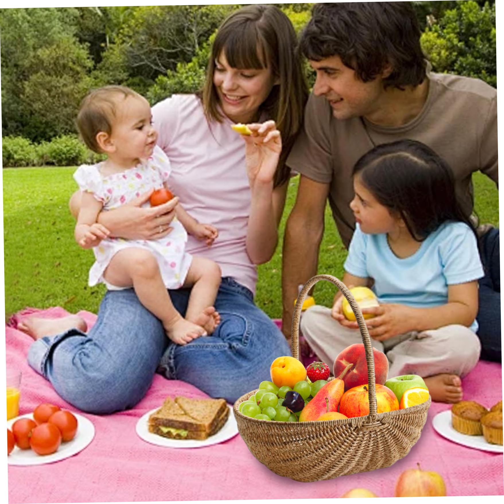 Cestino per la raccolta in vimini intrecciato con manico Organizzatore portatile per frutta e verdura da picnic
