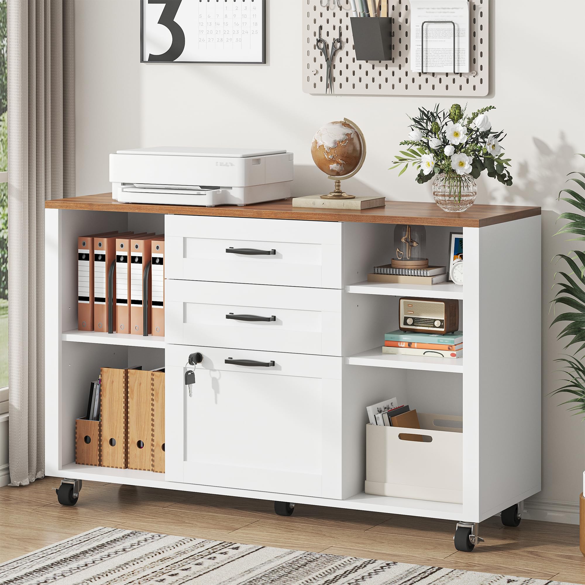 kepptory 3 Drawer Wood Mobile Large lateral File Cabinet with Lock, Lockable Rolling Filing Cabinet with Open Storage Shelves, Printer Stand Office