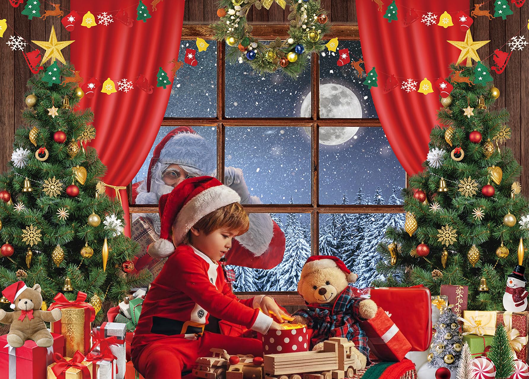 INRUI Sfondo fotografico natalizio rosso Stelle scintillanti per bambini (2,1 x 1,5 m