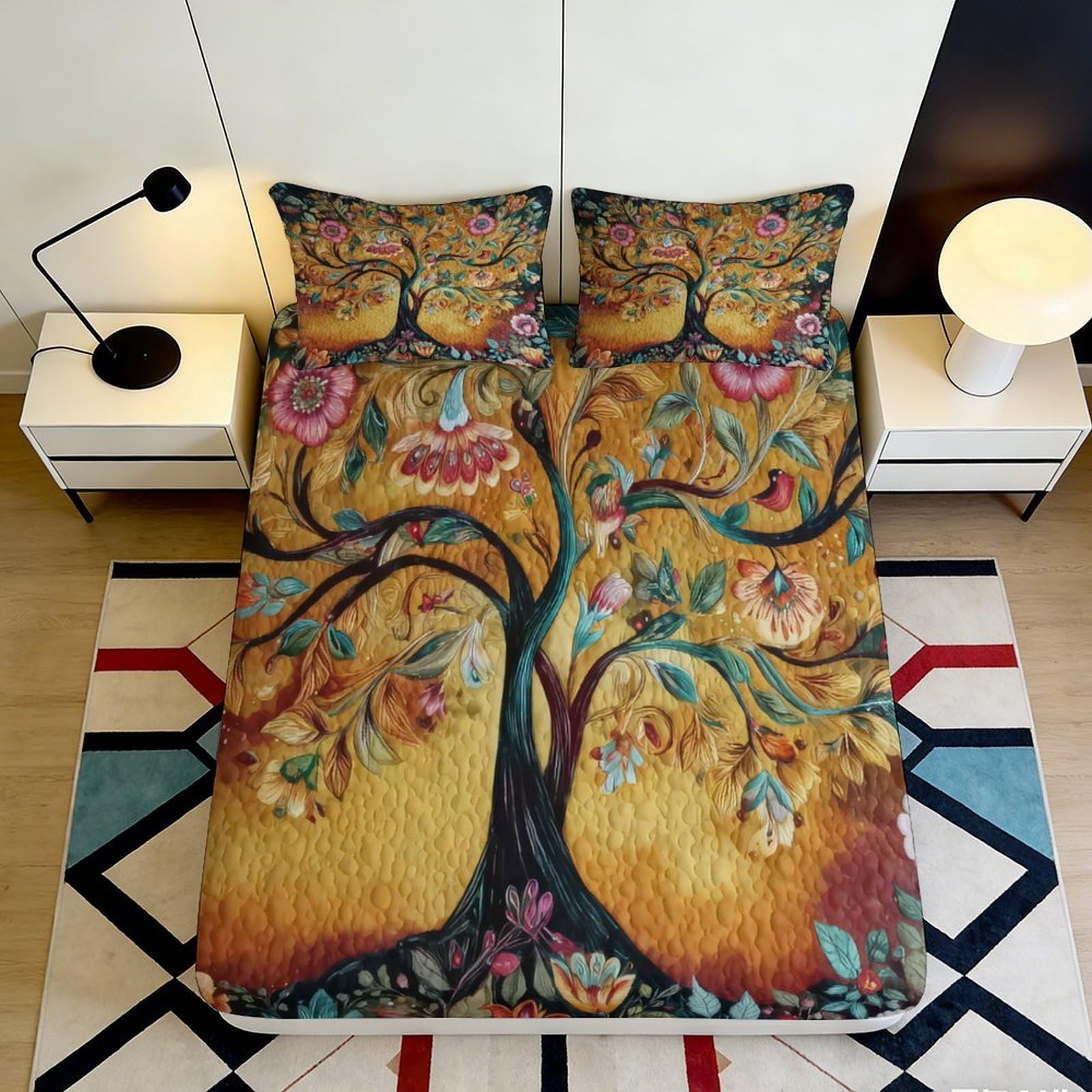 3D Printed Tree of Life Fitted Sheet Microfiber Artistic Floral Bed Cover for Bedroom Guest Room Easy Care Decor 90x200x25cm