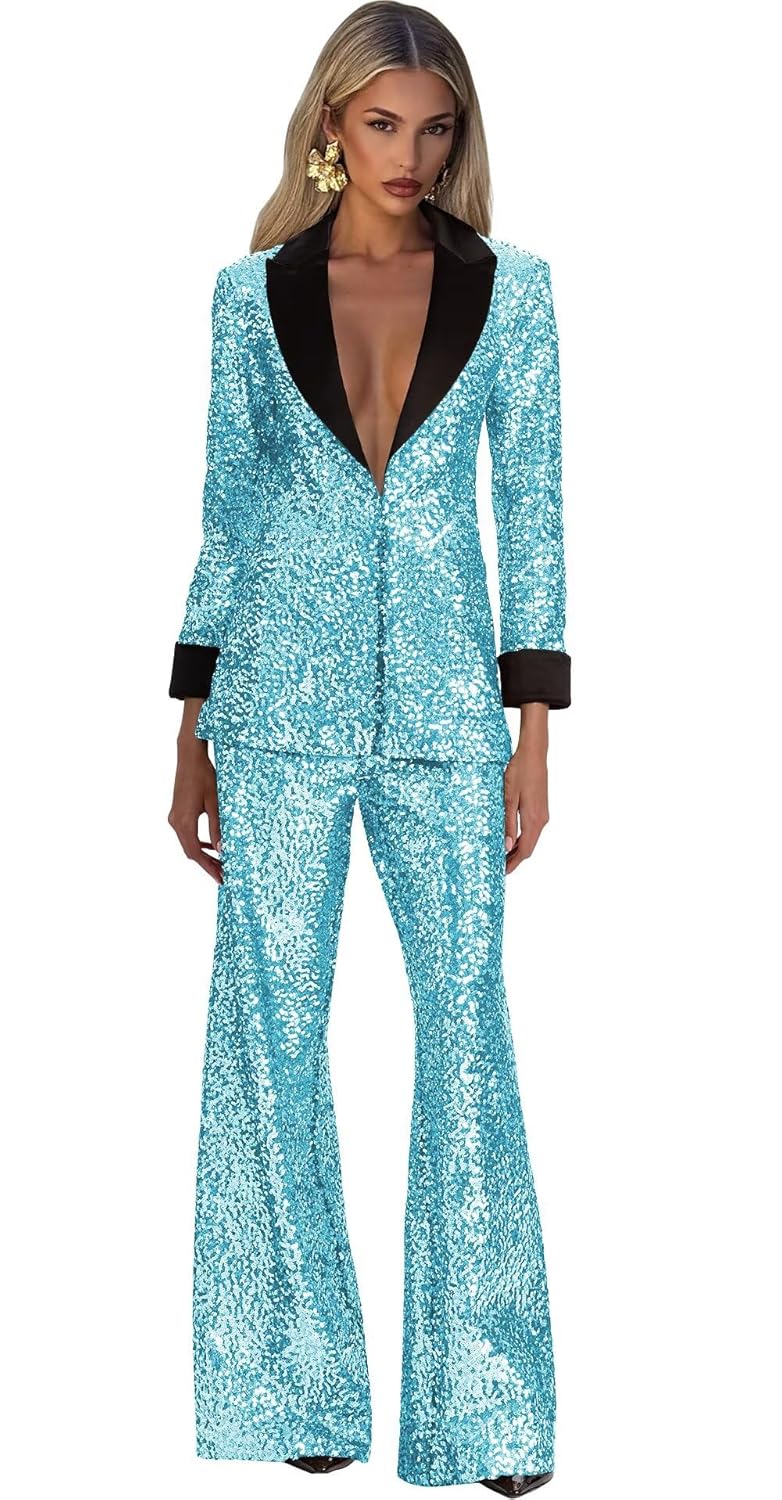 Sparkly Womens Suits for Dinner Prom Plus Size Aqua Blue Pant Suits 2 Pieces Tuxedo Suit Set for
