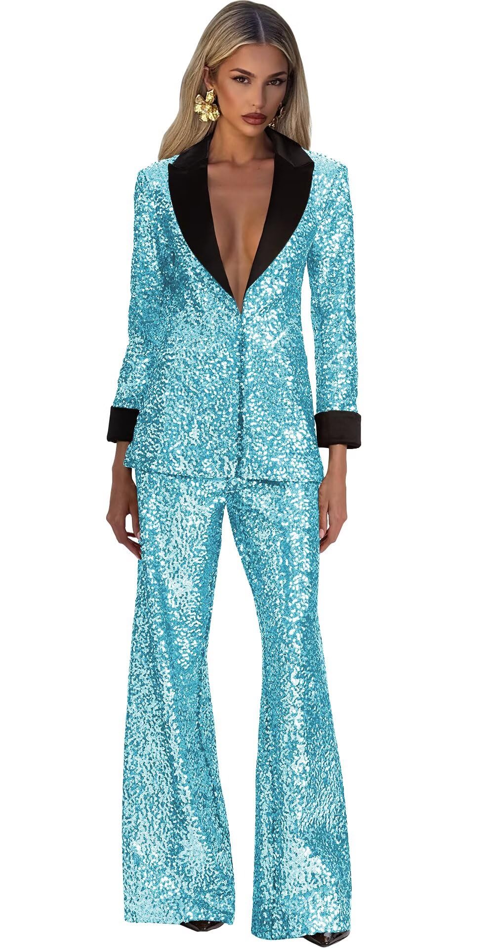 Sparkly Womens Suits for Dinner Prom Plus Size Aqua Blue Pant Suits 2 Pieces Tuxedo Suit Set for