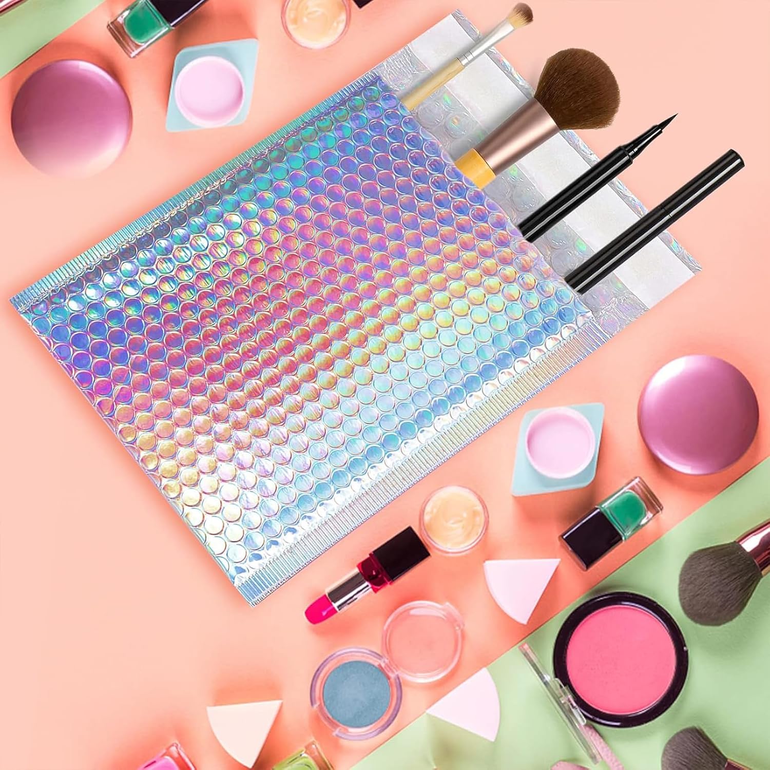 50 Pcs Metallic Bubble Mailers,Waterproof Self Seal Adhesive Shipping Bags,Holographic Cushion Envelopes,Foil Glitter Shipping Mailer,Poly Padded Envelopes for Mailing Packing Small Business