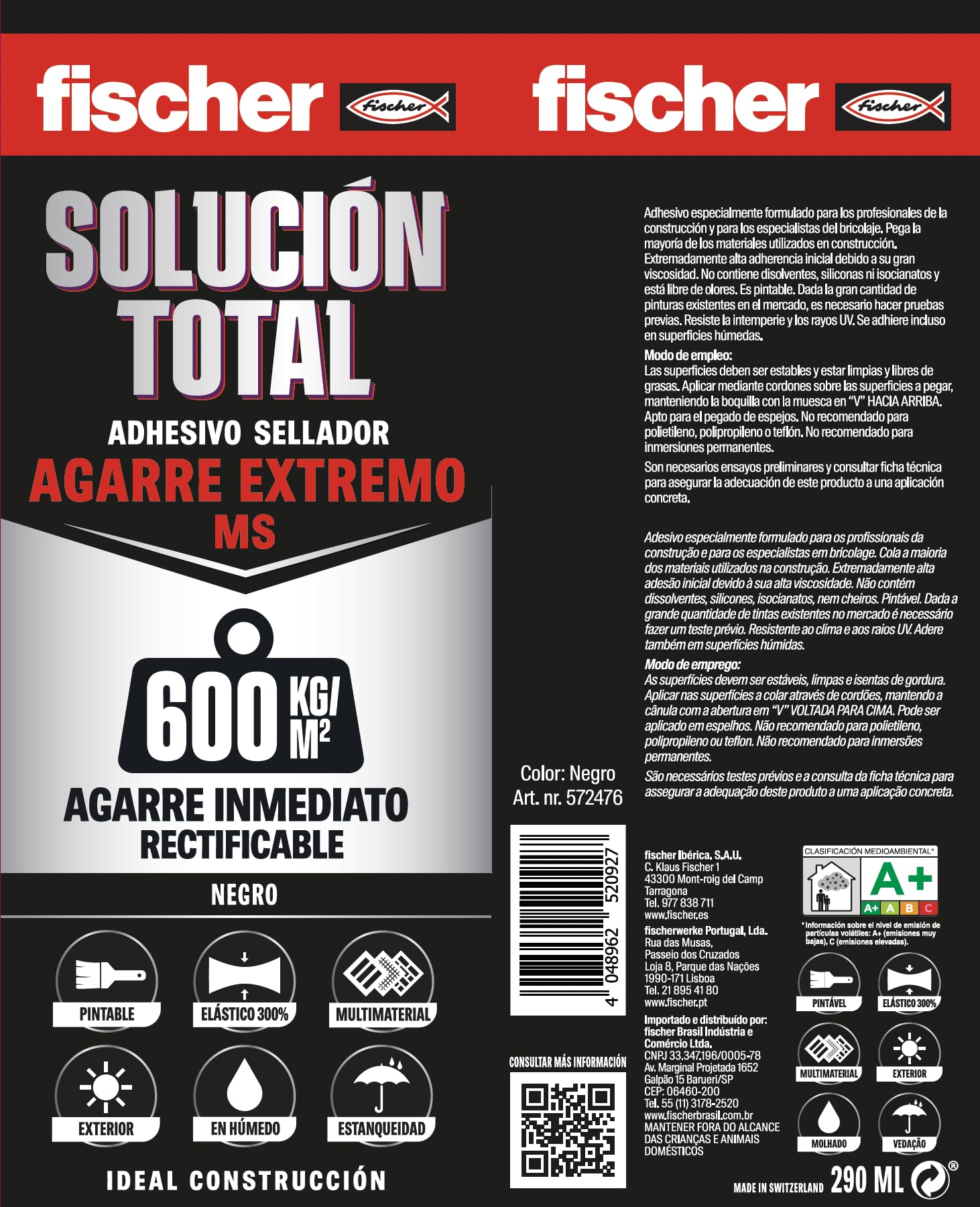 fischer - Solución Total Agarre Extremo Blanco, Sellante Adhesivo, Polimero Sellador, Pegamento Fuerte, Sin Disolvente, ni Silicona Negra. Sellar Bañera,Ducha, Juntas, Ventanas, Cerámica (290 ml)