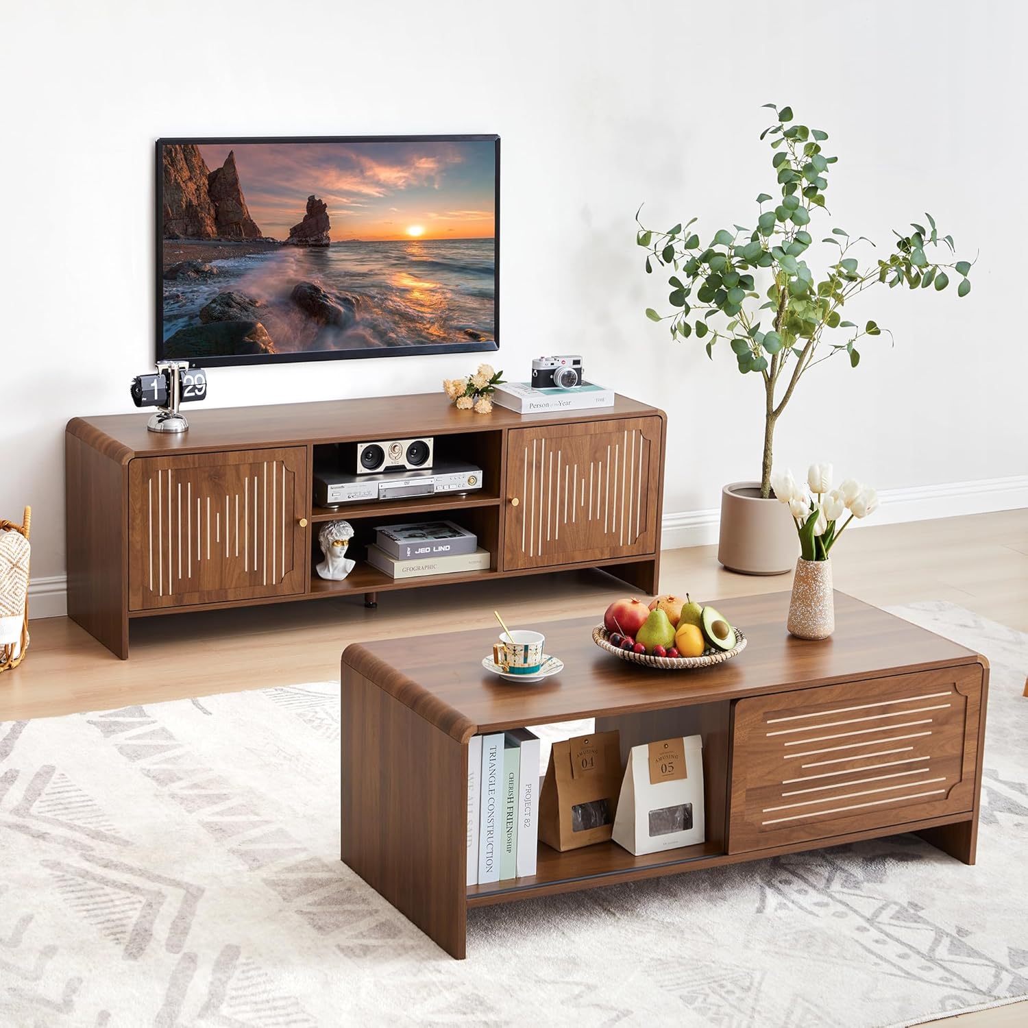 TV Stand for TVs up to 65'', 58'' Mid Century Modern Entainment Center with Storage Cabinets & Open Shelf, Wood Media Furniture Farmhouse Console Table for Living Room, Office