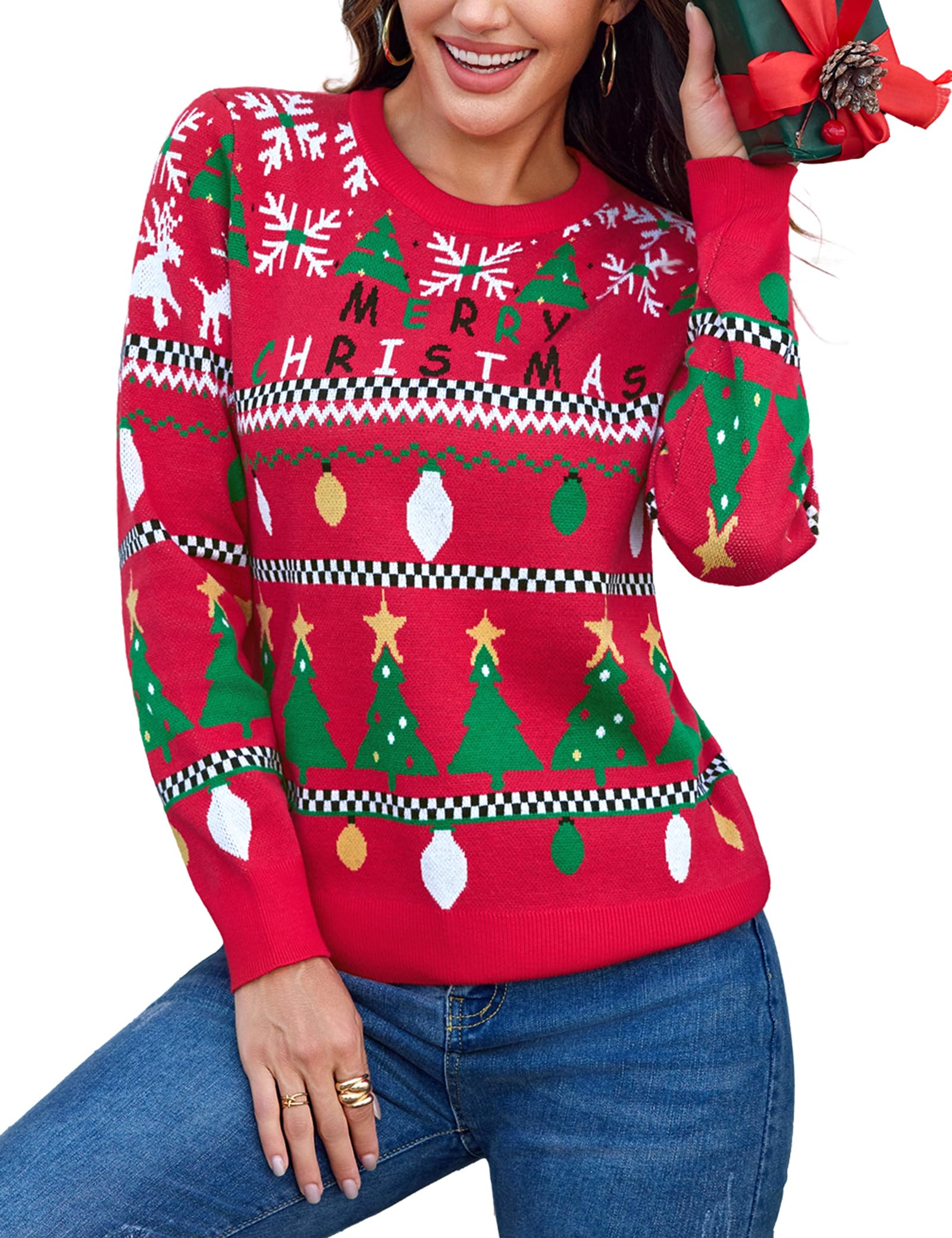 Totatuit Jersey de Navidad Mujer Cálido Suave Invierno Árboles Luces y Reno | Estilo Diario, Uso Casual, Combinación Versátil