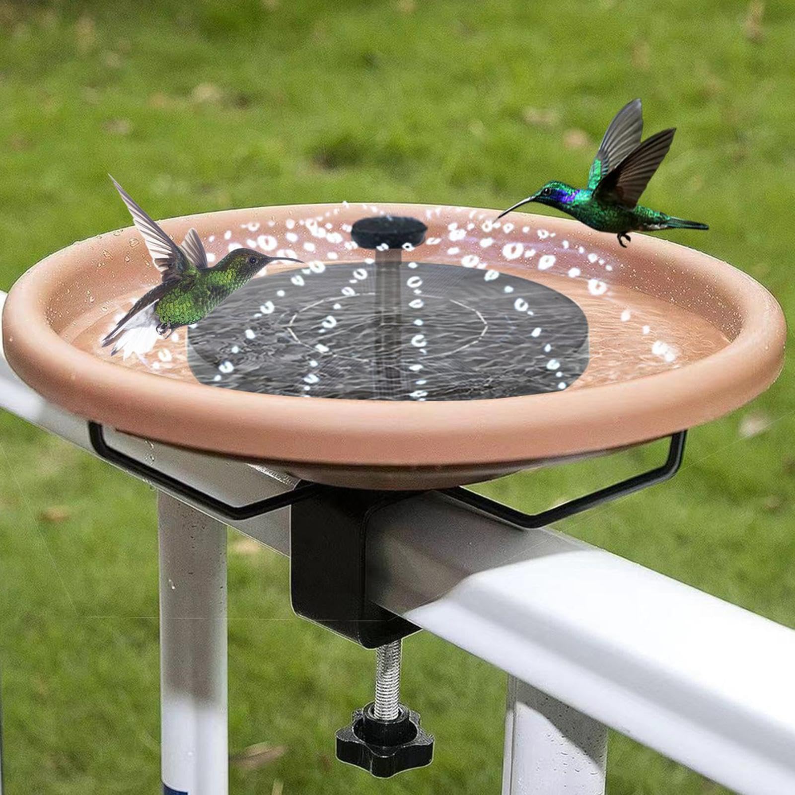 Bol de Bain pour Oiseaux monté sur Le Pont, Fontaine Solaire Amovible pour Bain d'oiseaux et Pince Robuste, mangeoire à Oiseaux montée sur Le Jardin pour Jardin, étang, Piscine, extérieur