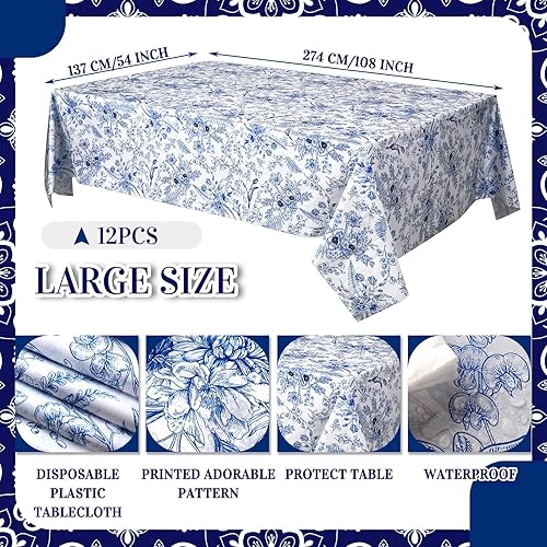 Miniatura 2 de 12 manteles de plástico florales azules, mantel de plástico con flores vintage, desechables, rectangular, de plástico, 54 x 108 pulgadas, para