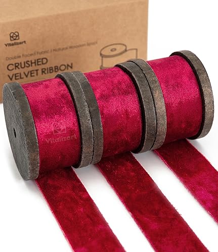 Vitalizart Juego de cintas de terciopelo de 1 pulgada x 9 yardas, carrete de madera, cintas de terciopelo de lujo de doble cara para árbol de