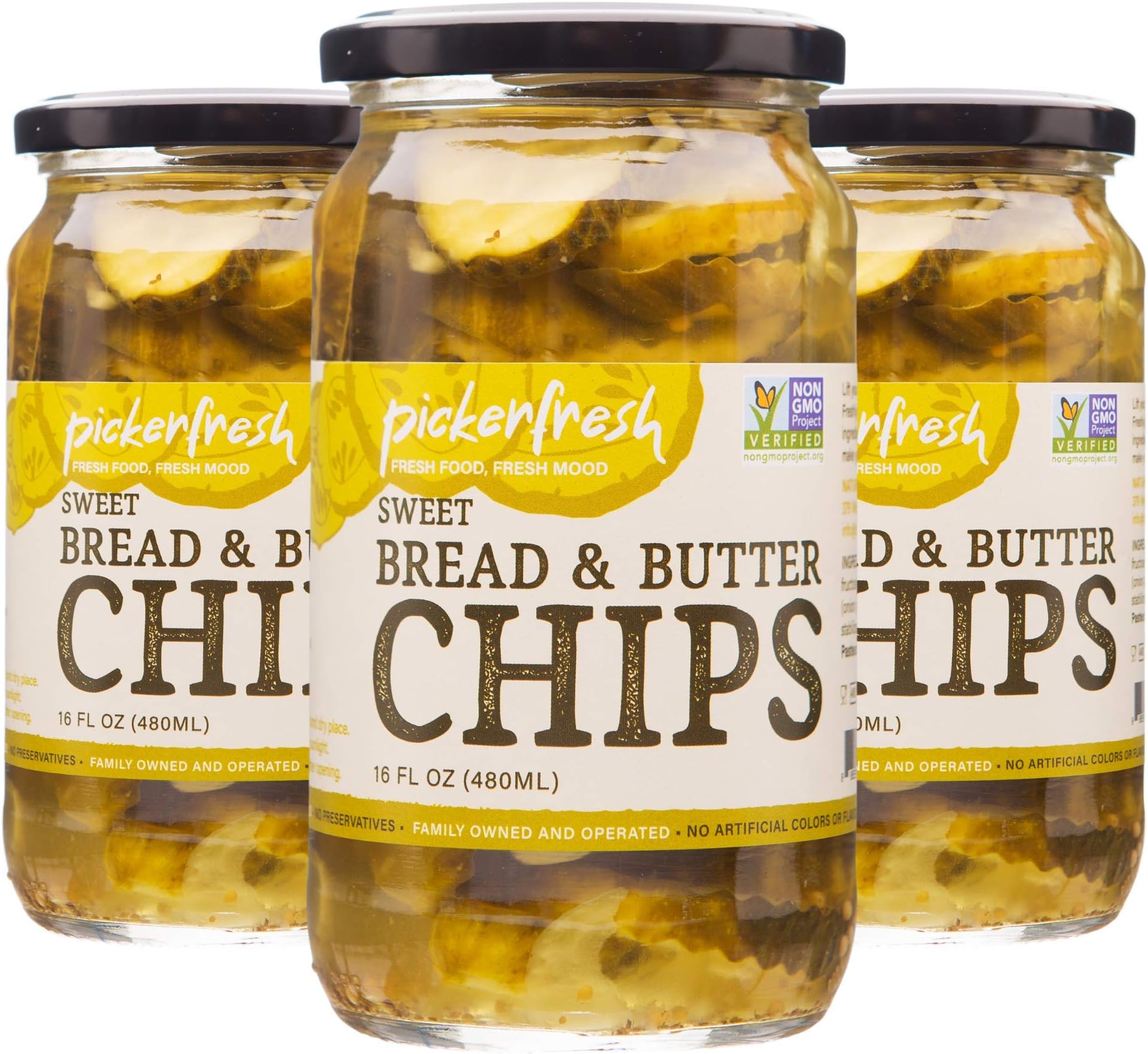 Bread & Butter Sweet Crinkle Cut Chips Pickles, 16 oz (3 Pack), Certificated, Non-GMO, Gluten Free, High in Antioxidants, No Artificial Color & No Preservatives, Ready to Eat, Great For Hamburgers, Salads and Vegan Recipes, Simple Ingredients