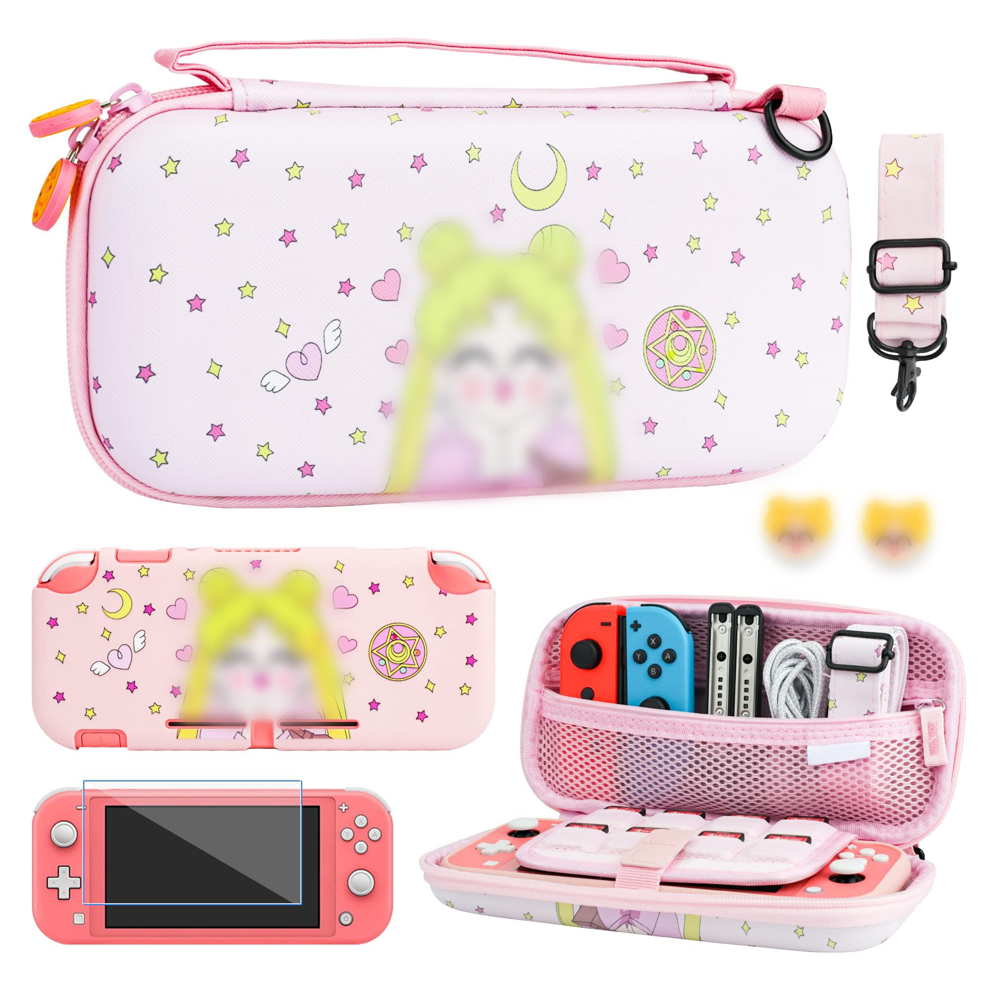 Pink Carrying Case for Nintendo Switch Lite Accessories, Travel Case Bundle for Switch Lite with Soft TPU Protective Cover, Adjustable Shoulder Strap, Screen Protector and 2 Thumb Caps - Girl