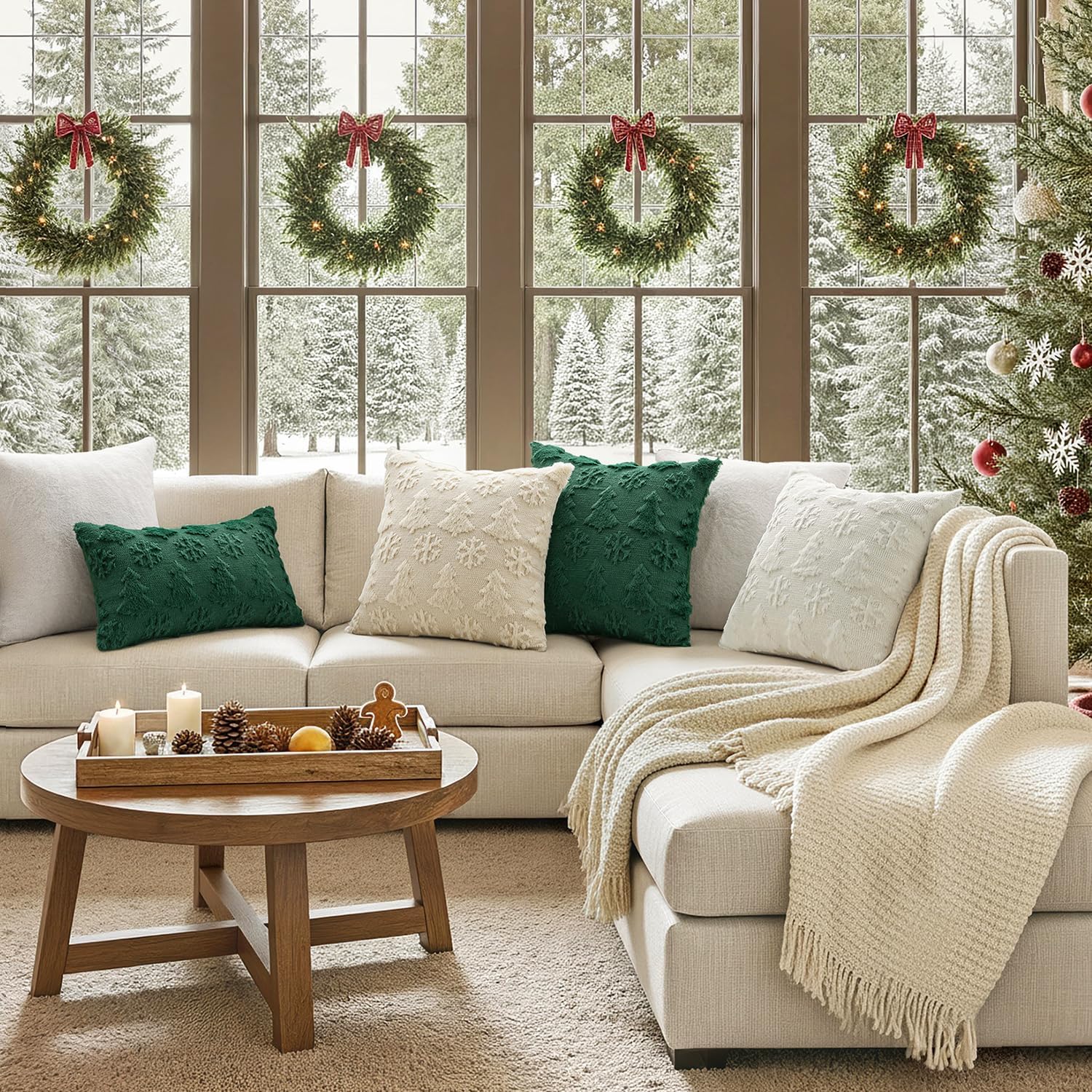 MIULEE Christmas Throw Pillow Covers 20x20 Set of 2 Christmas Decorations Pure White Soft Plush Faux Fur Wool Xmas Tree Snowflakes Pillowcases Holiday Festivals Winter Home Decor Sofa Couch Bed Porch